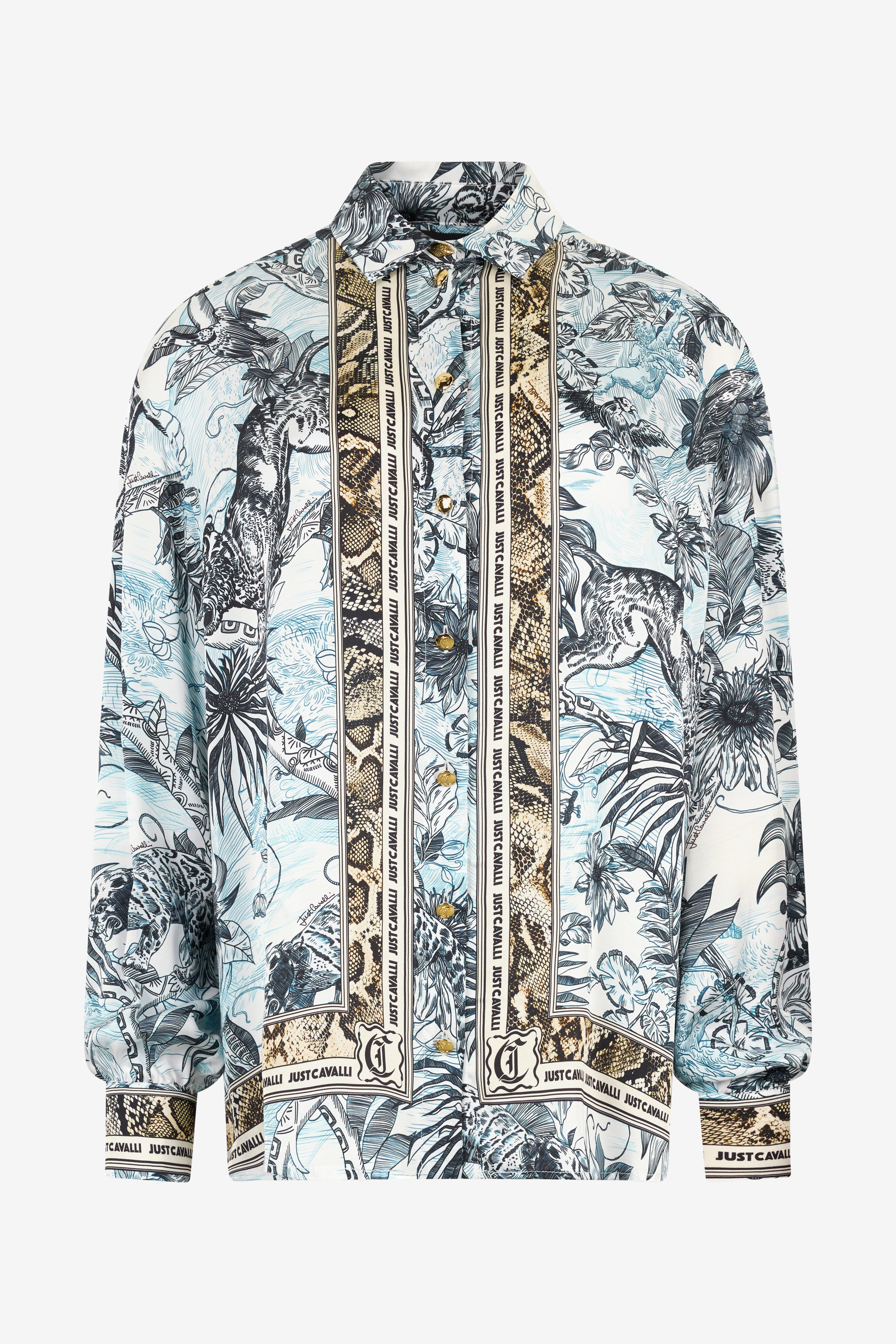 Roberto Cavalli Shirt With Jungle And Python Print In Light Blue