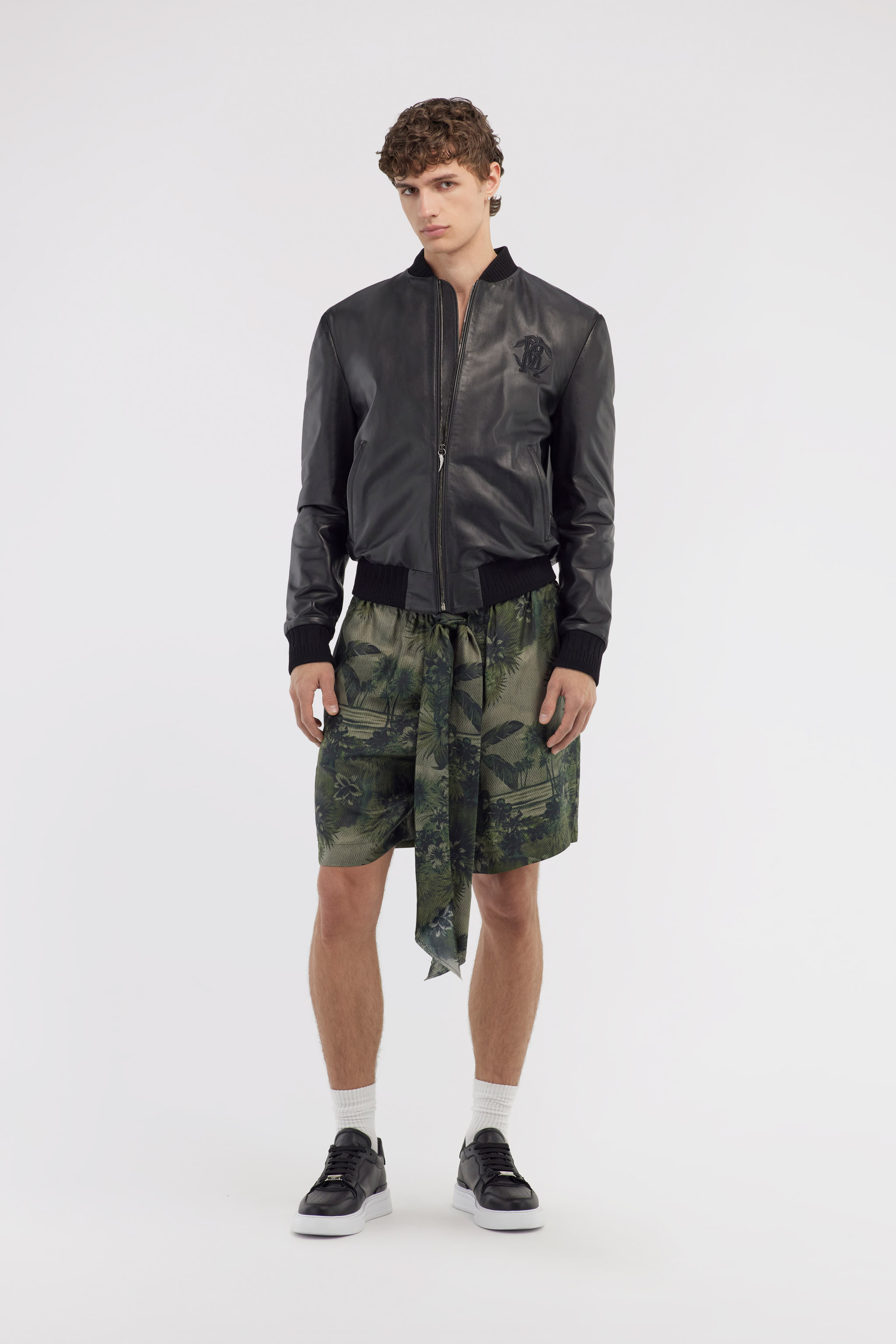 Roberto Cavalli Shorts With Green Hawaii Print In Dark Green