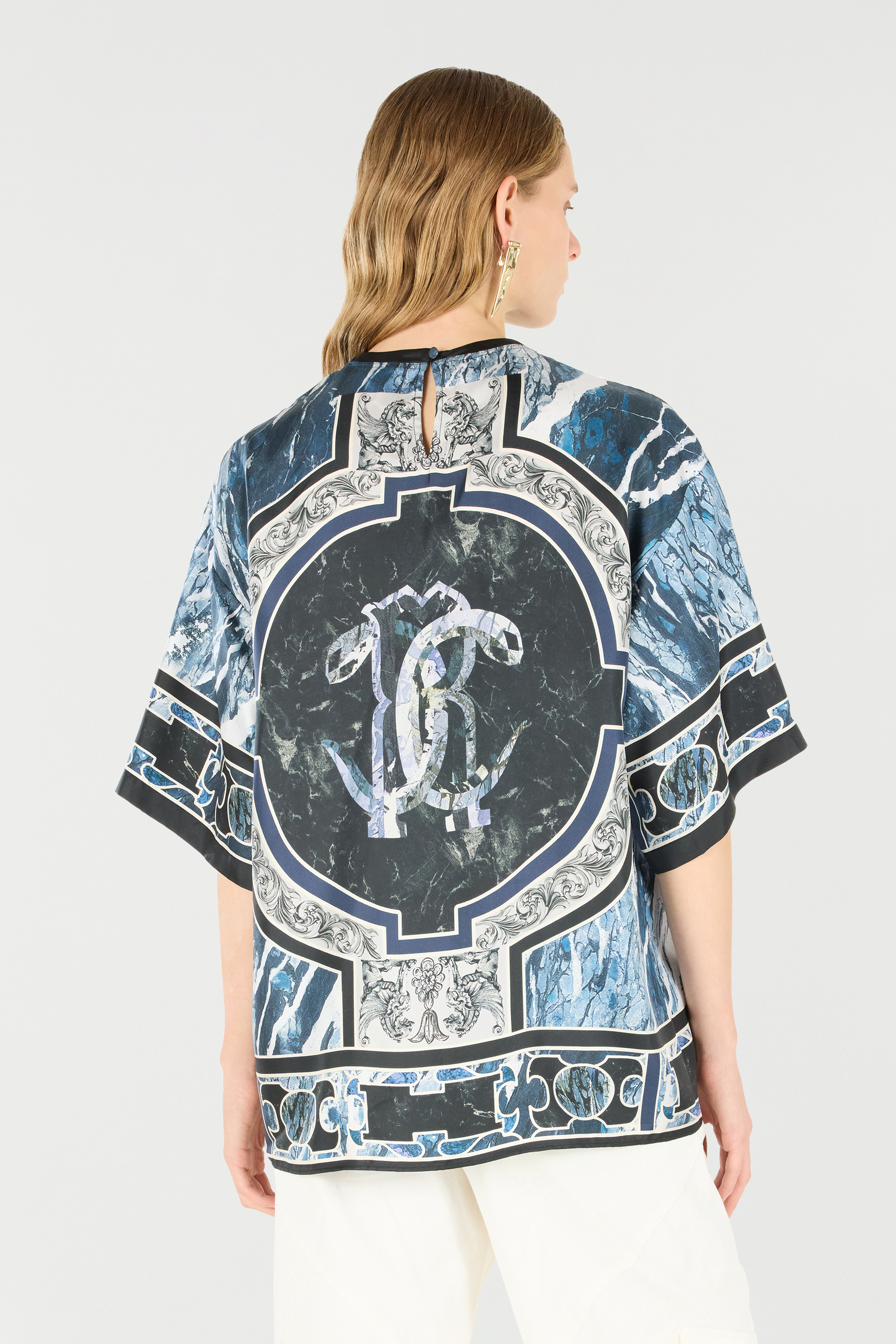  Roberto Cavalli T-shirt With Mirror Snake Monogram And Marble Print - Female Ready To Wear Dark Blue 46 
