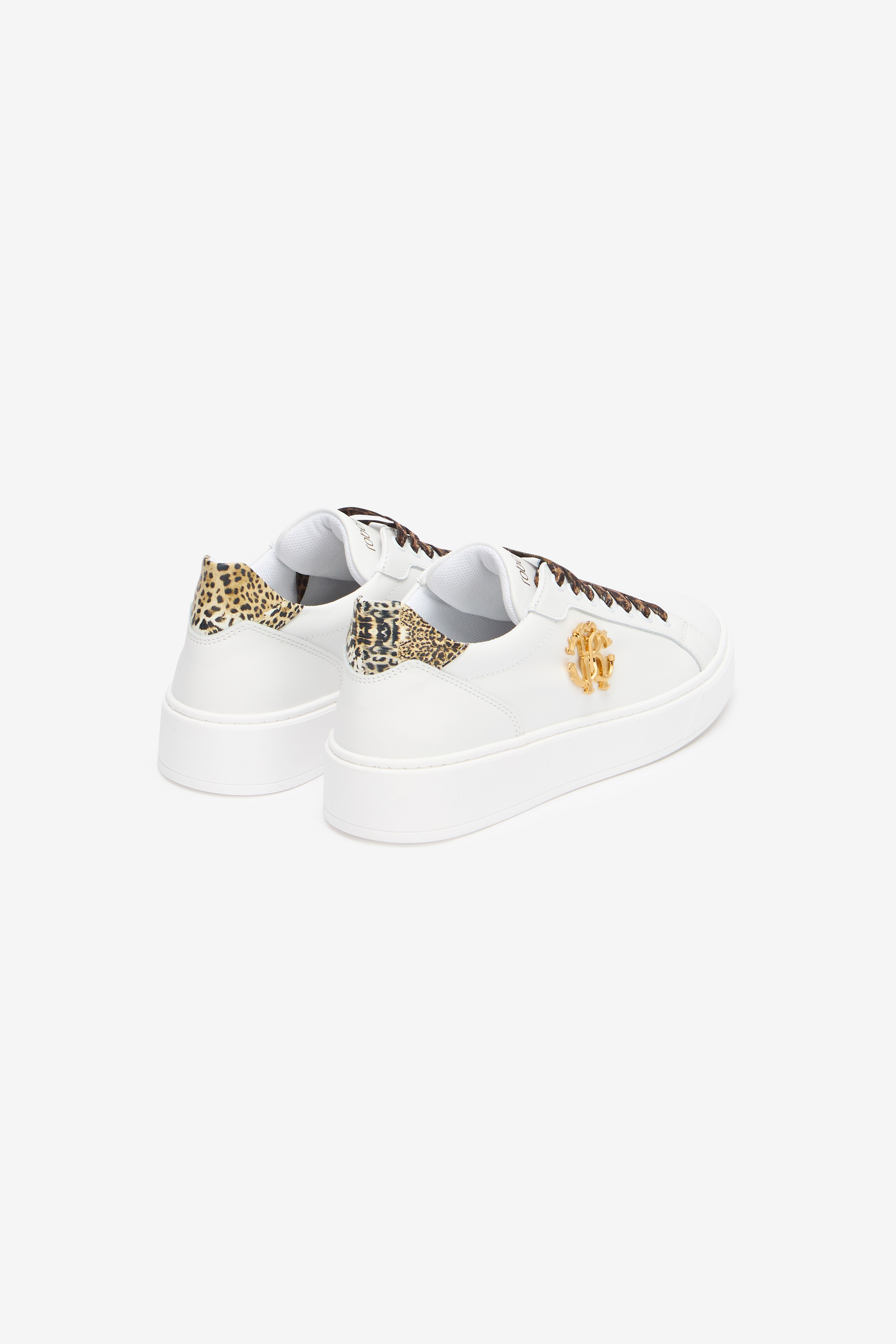 Roberto Cavalli White Sneaker With Leopard Print And Rc Monogram In White