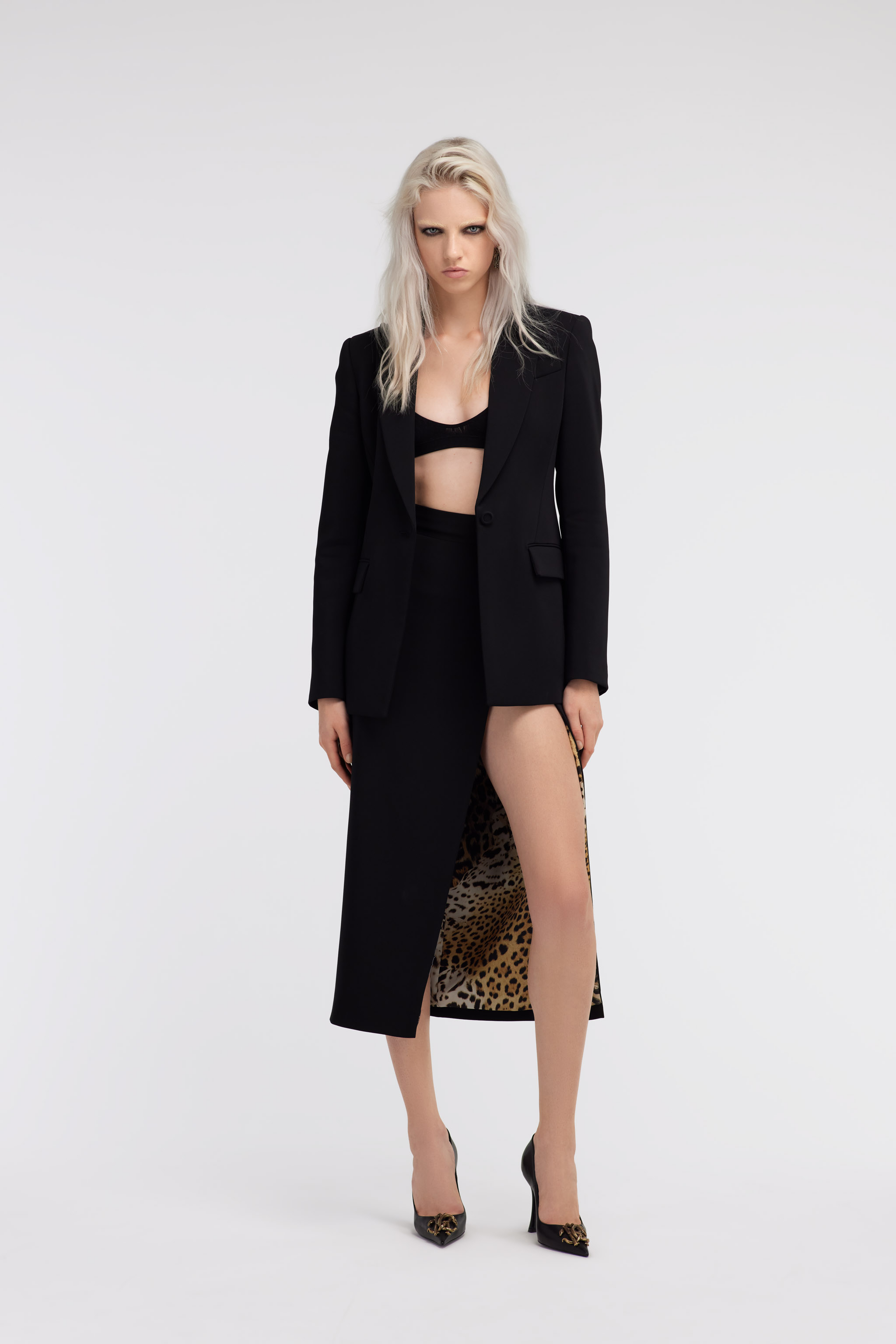 Roberto Cavalli Midi Skirt With Slit In Black
