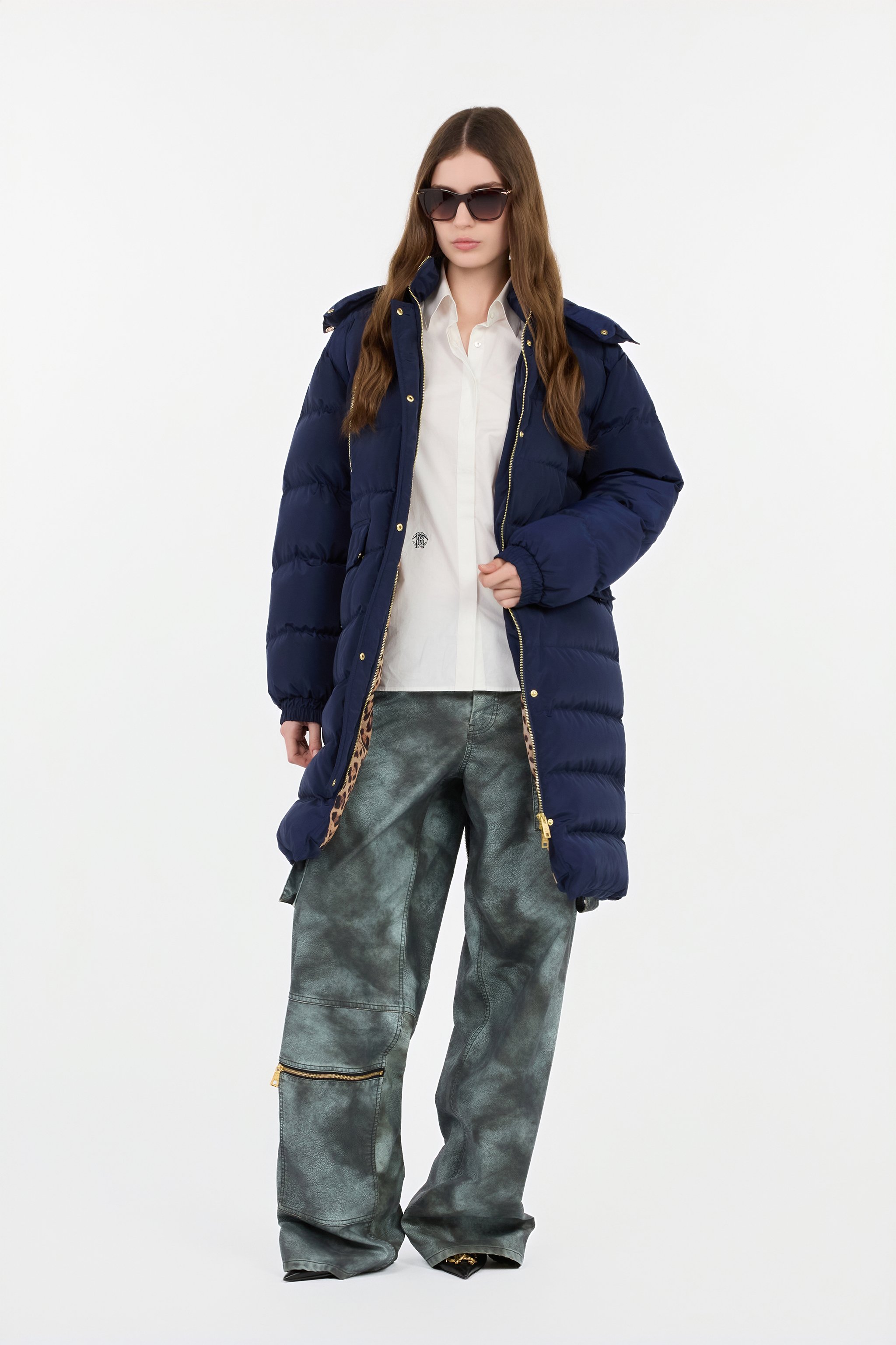 Roberto Cavalli Marble Print Down Jacket In Blue