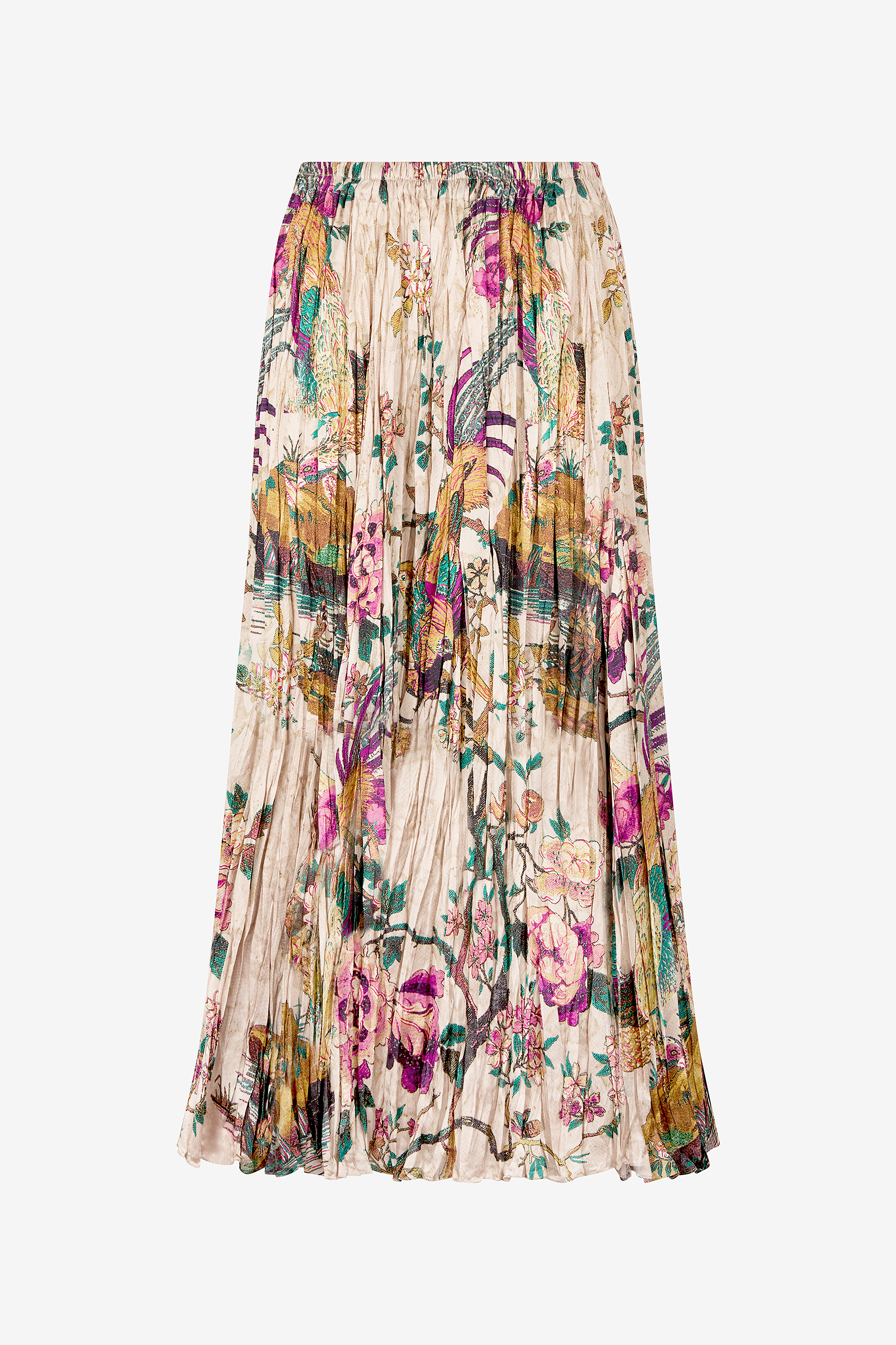 Roberto Cavalli Women's Ivory/Pink Midi Skirt With Oriental Bird Print