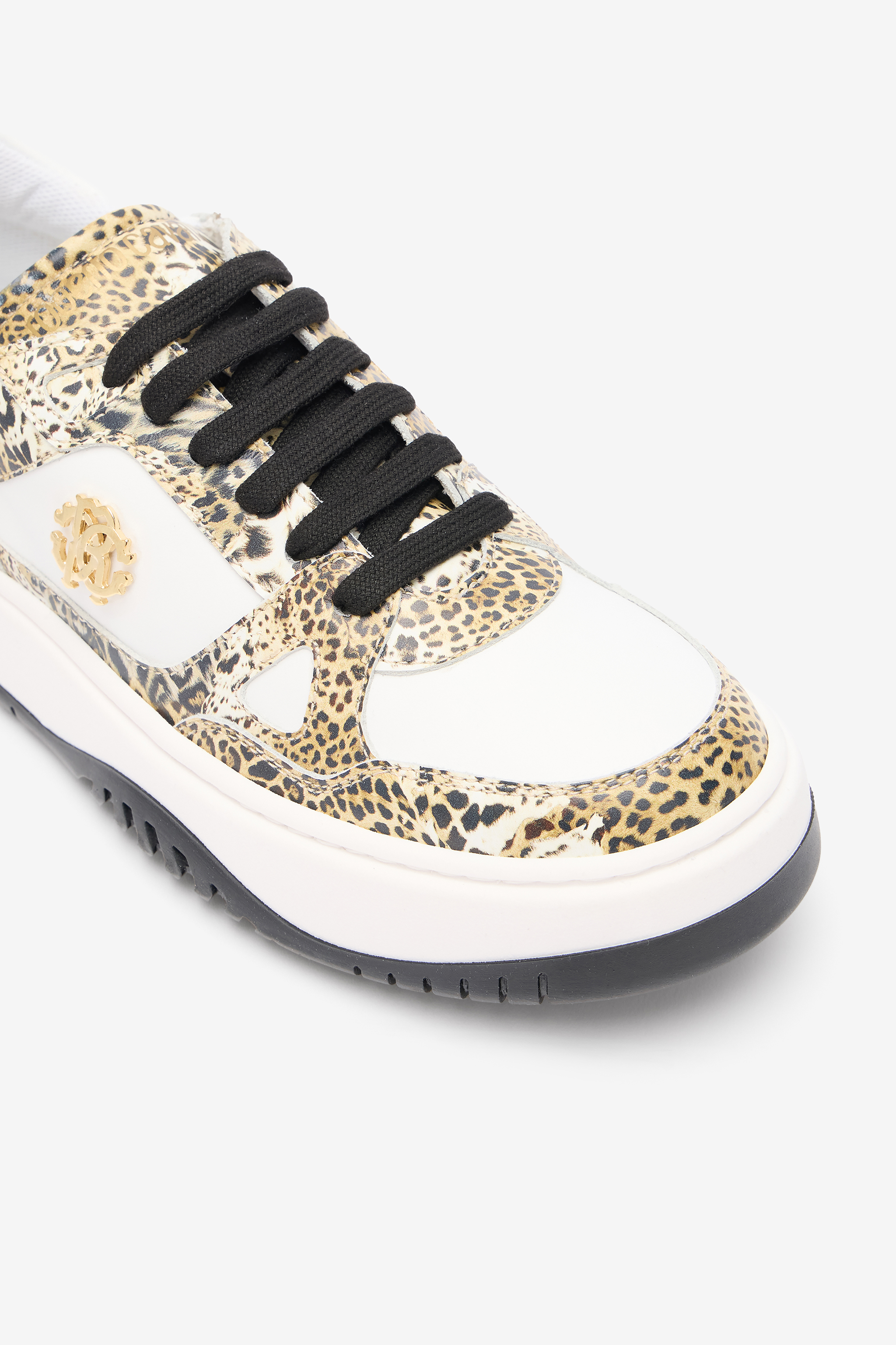 Roberto Cavalli Leopard Print Sneaker With Monogram Rc In Multi