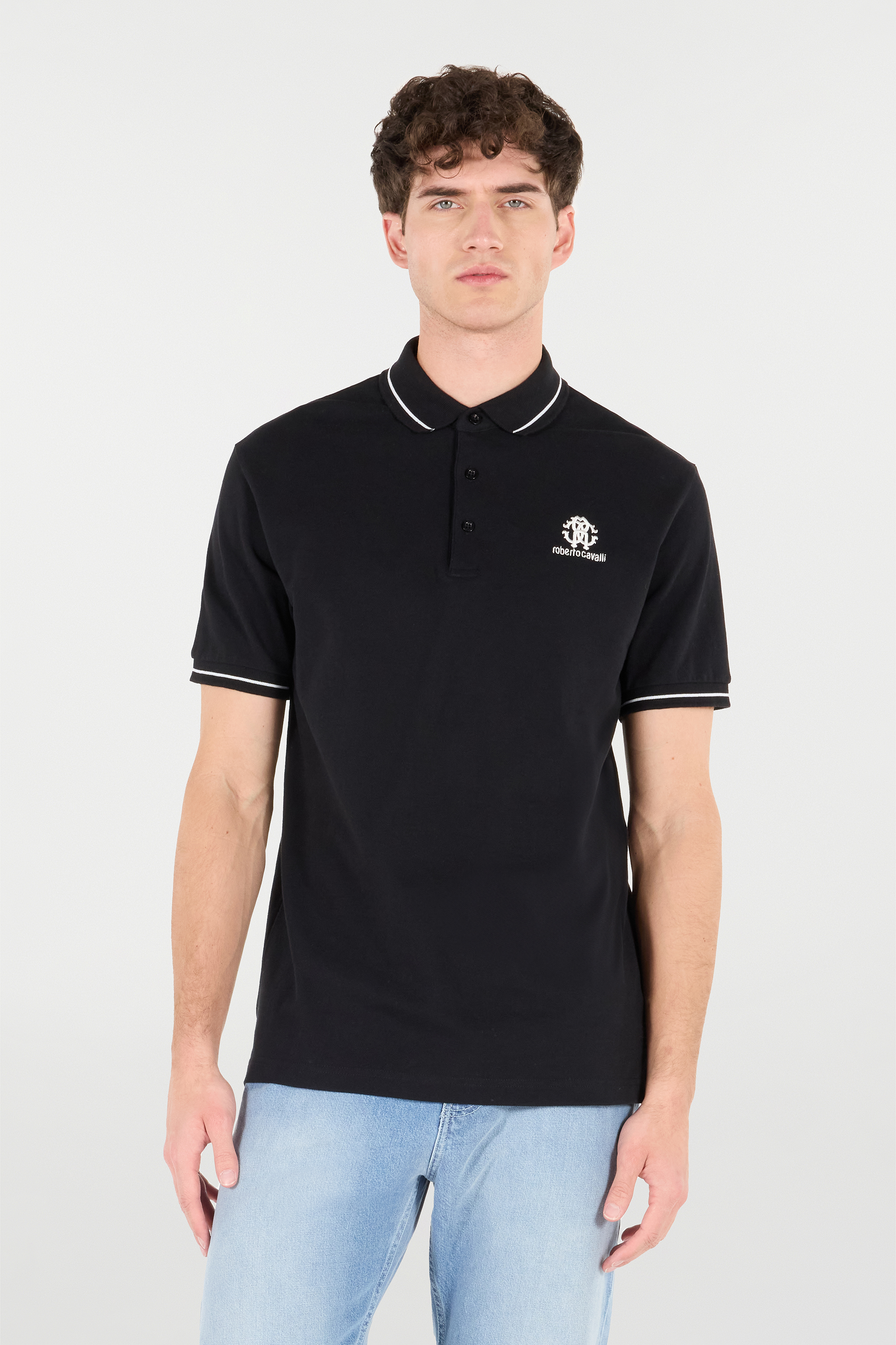 Roberto Cavalli Polo Shirt With Monogram Rc And Logo In Black