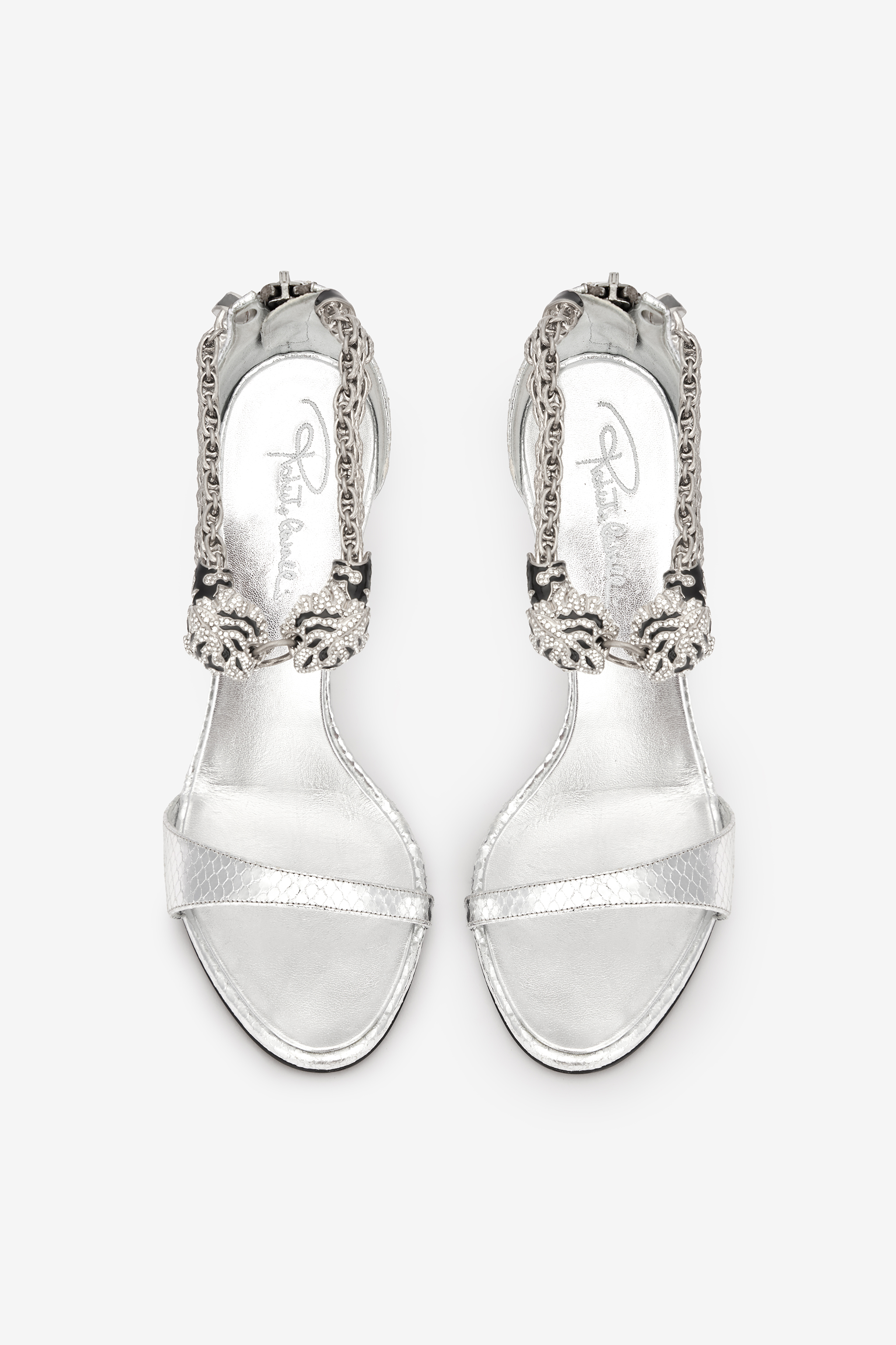 ROBERTO CAVALLI METALLIC-SANDALEN MIT ABSATZ UND TIGERN