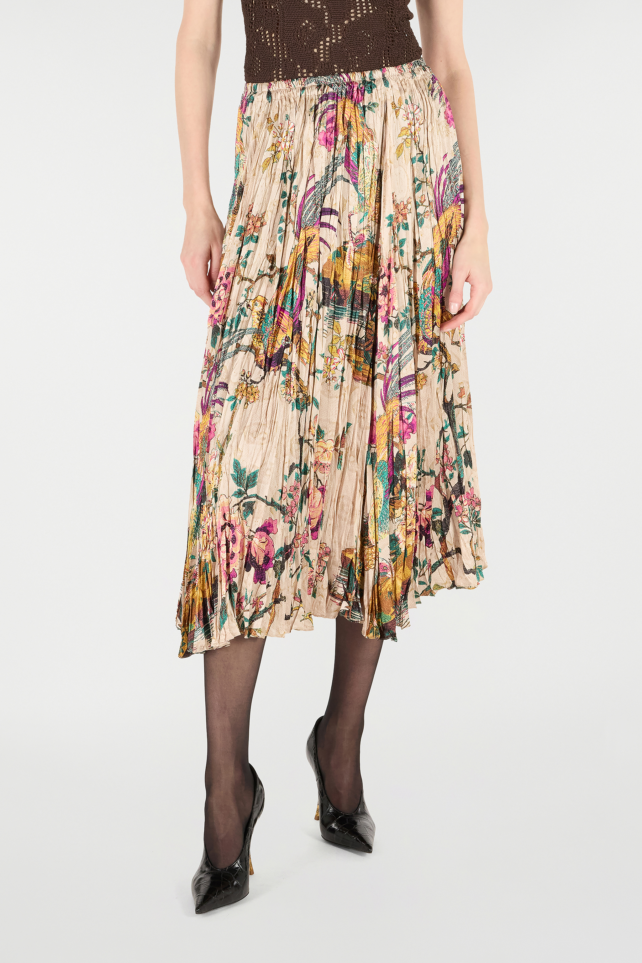 ROBERTO CAVALLI MIDI SKIRT WITH FLORAL AND PHEASANT PRINT