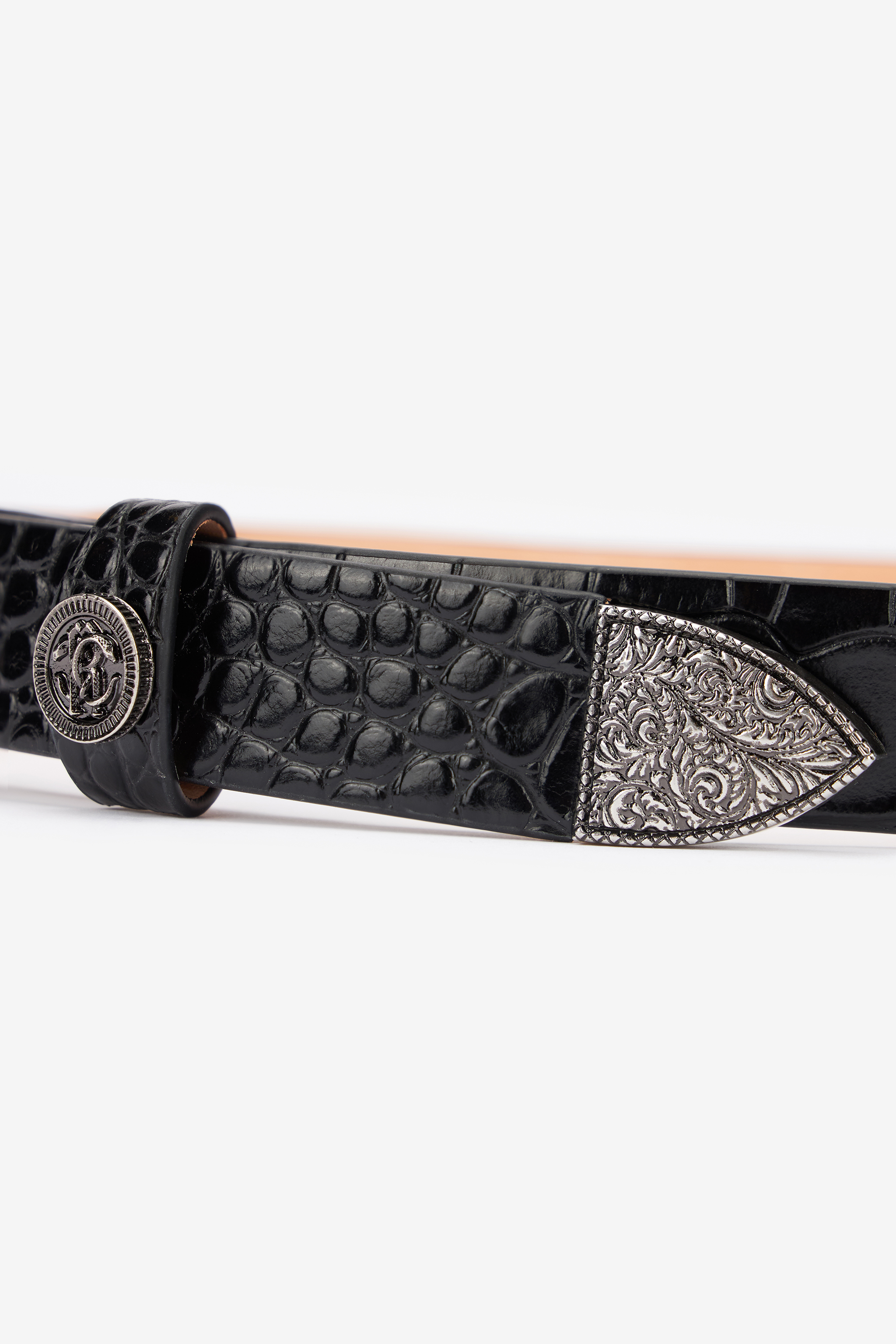 Roberto Cavalli Leather Belt With Mirror Snake Monogram In Black
