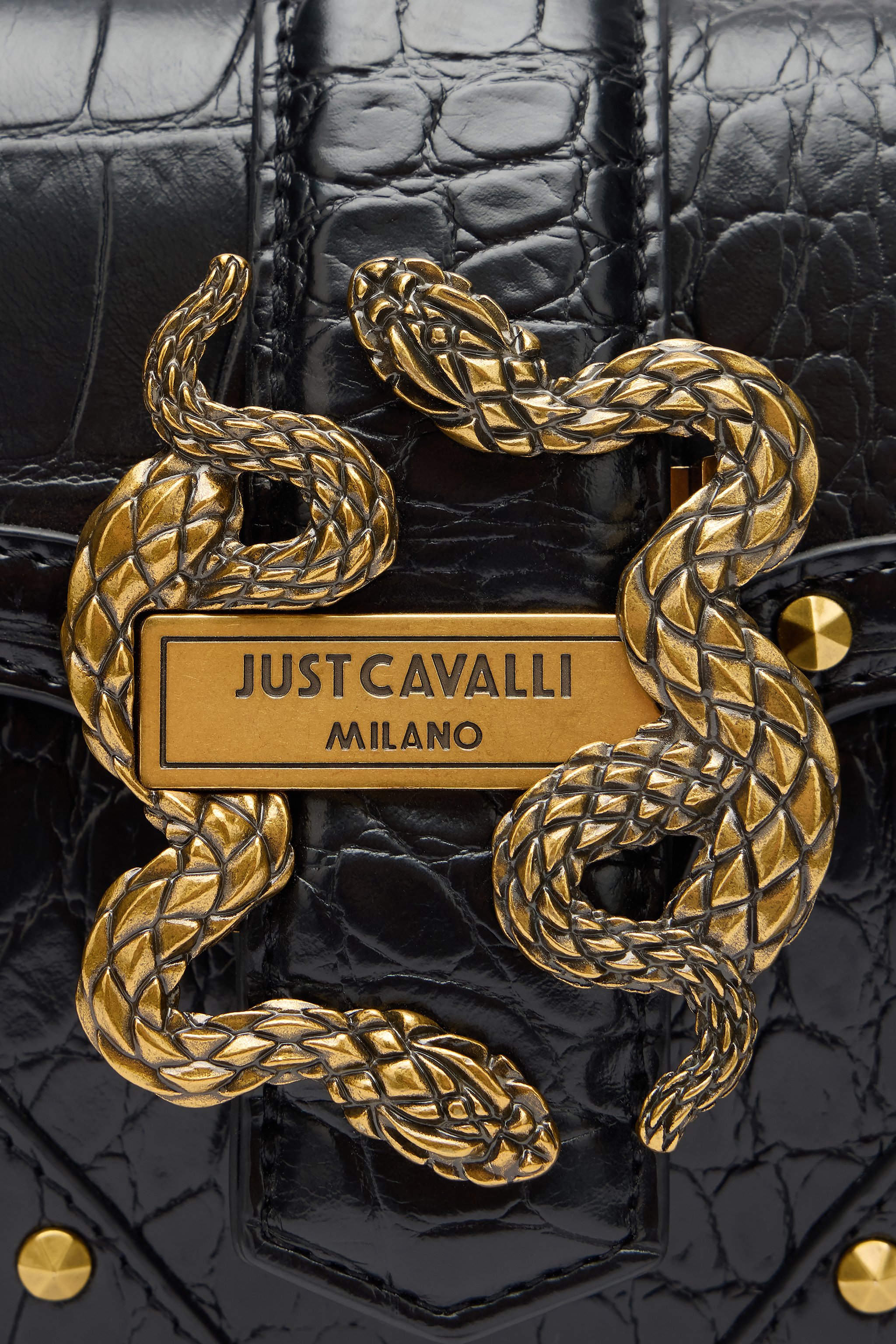 Roberto Cavalli Black Studded Saddle Shoulder Bag With Snake Buckle In Black