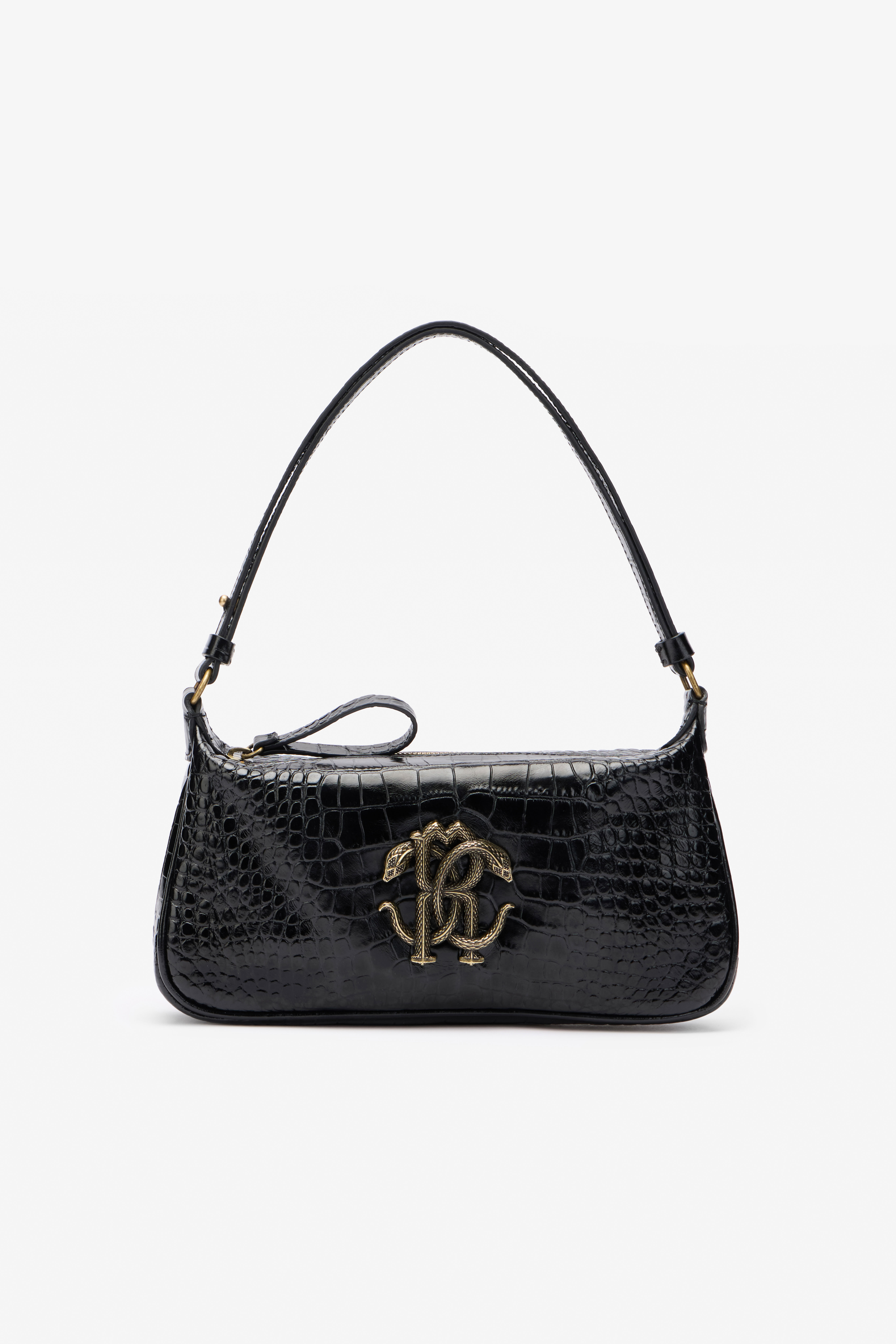 Roberto Cavalli Black Croc-effect Shoulder Bag With Mirror Snake Monogram In Black
