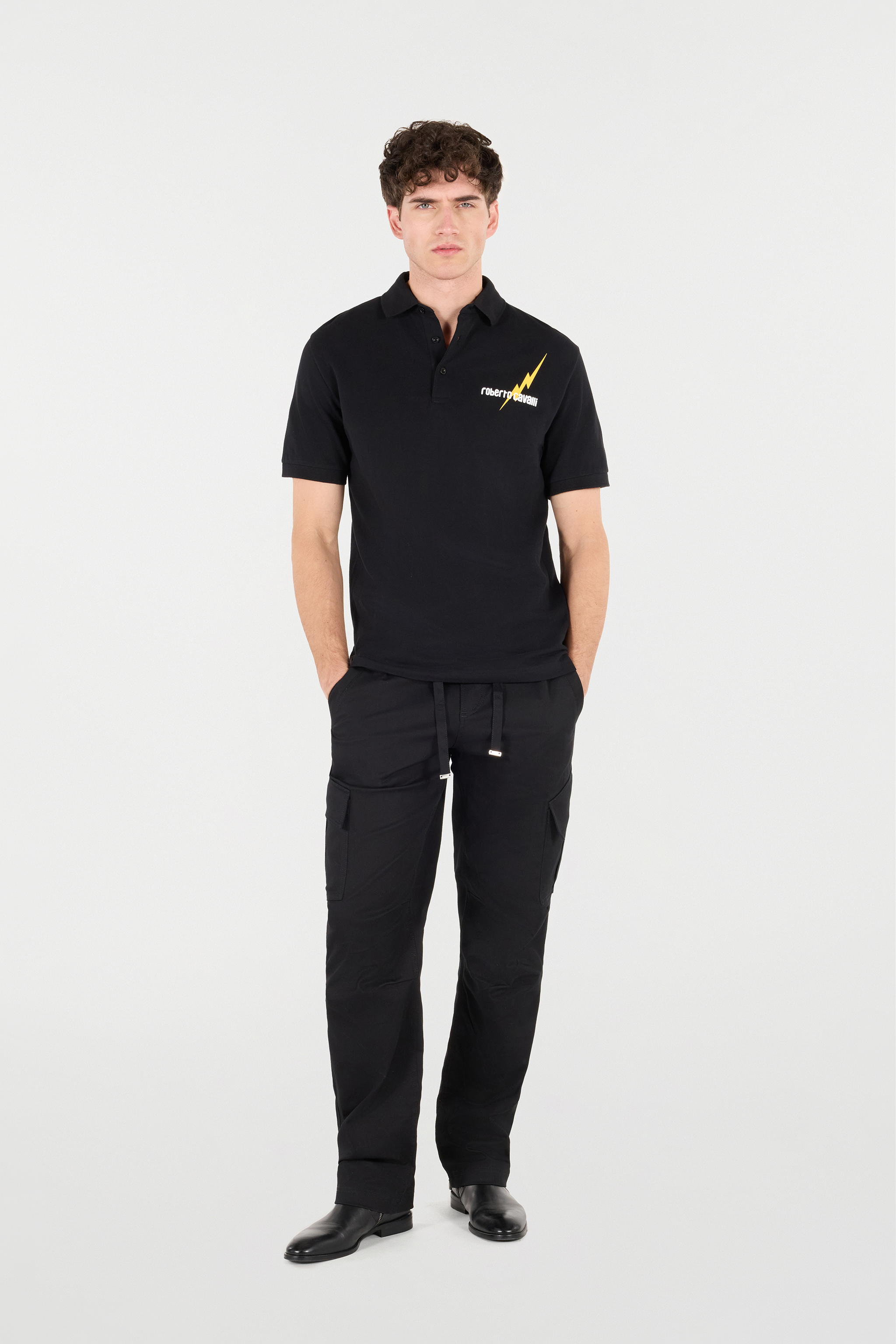 Roberto Cavalli Polo Shirt With Print And Logo In Black