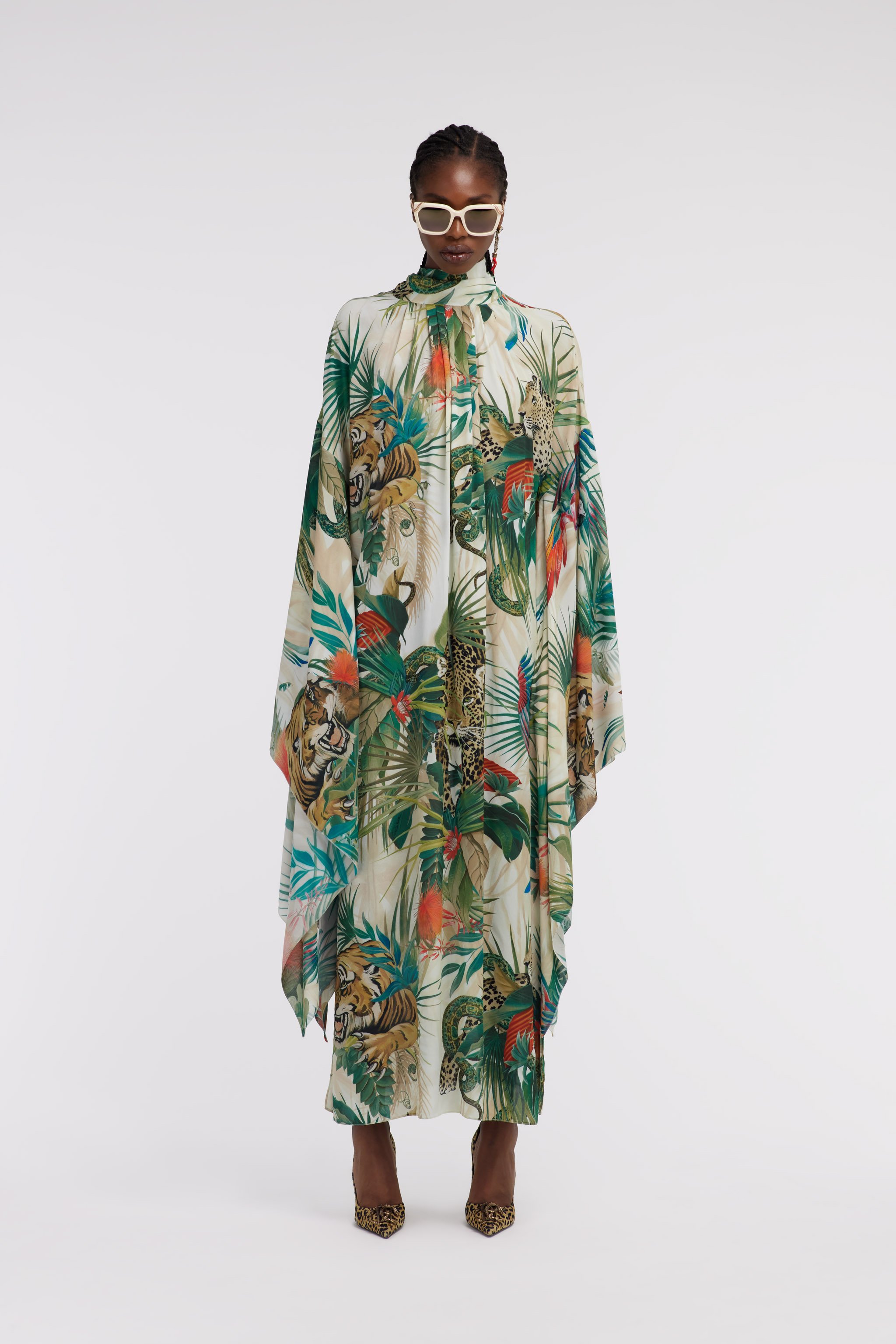 Jungle Print Kaftan Dress High Neck