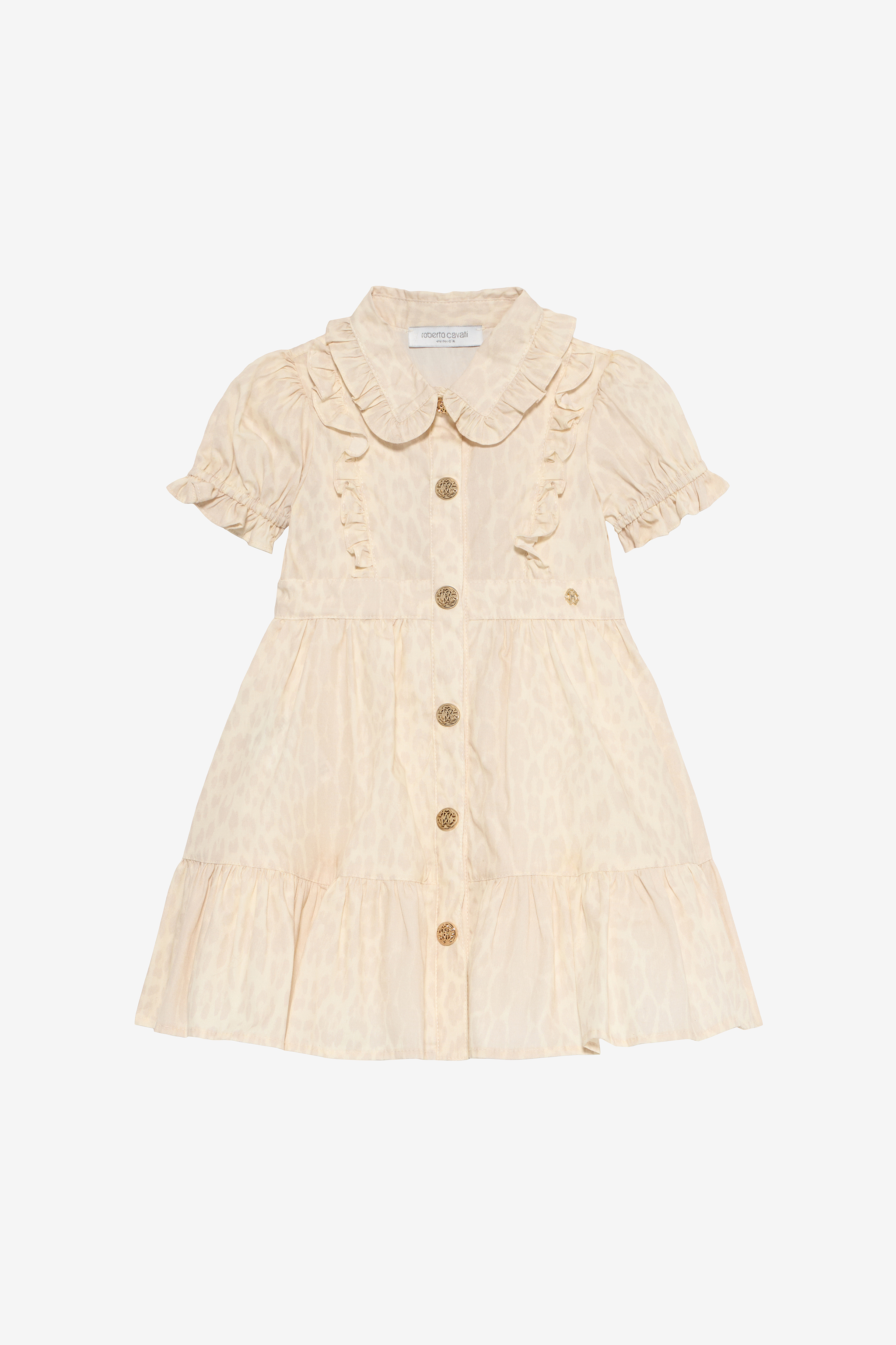 Roberto Cavalli Ivory Dress With Jaguar Skin Print And Ruffles In Neutral