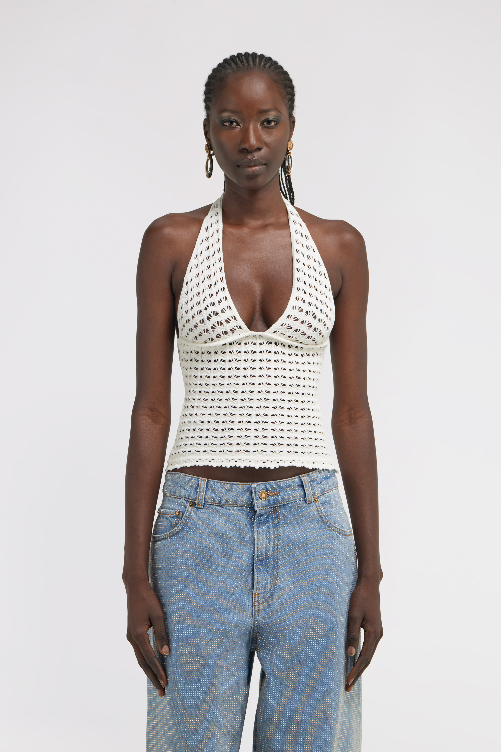 Roberto Cavalli Halterneck Crochet-knit Top In White