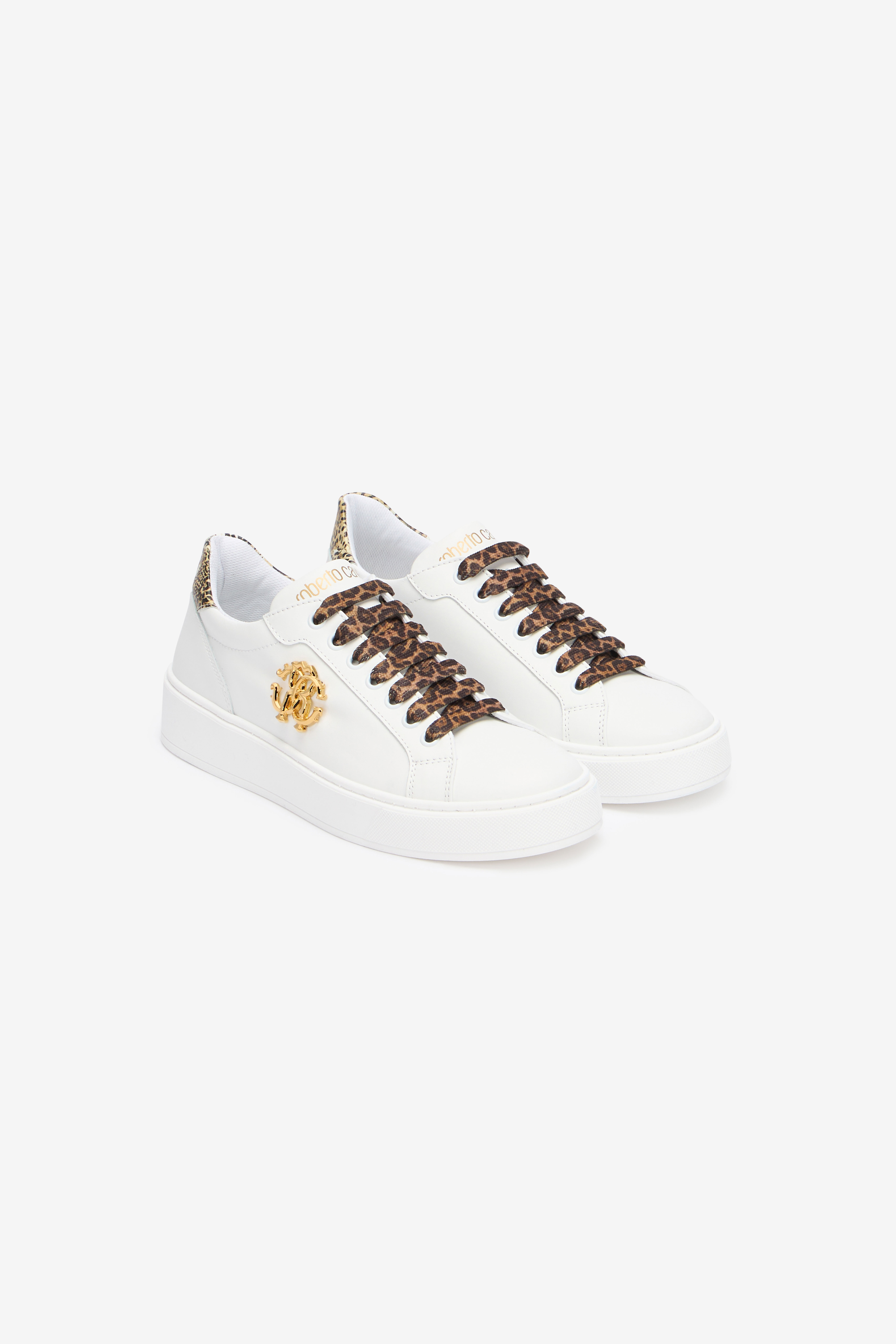 Roberto Cavalli White Sneaker With Leopard Print And Rc Monogram In White
