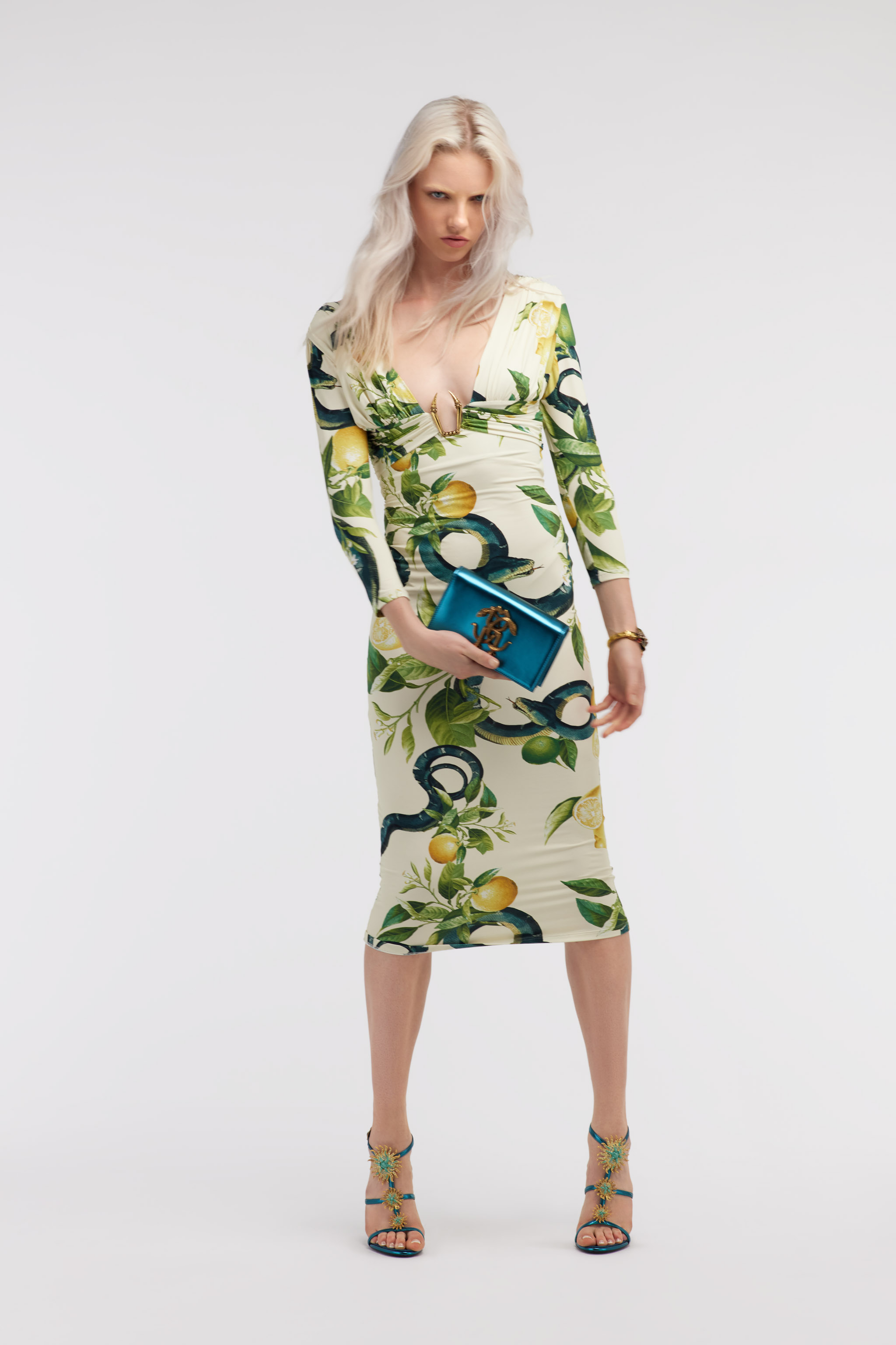 Roberto Cavalli Lemon Print Dress In Ivory