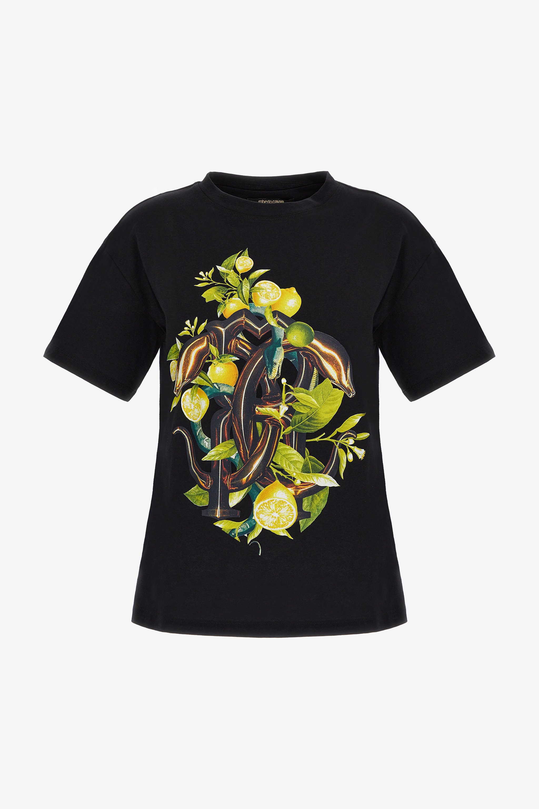 Roberto Cavalli Lemon And Snake Print T-shirt In Black