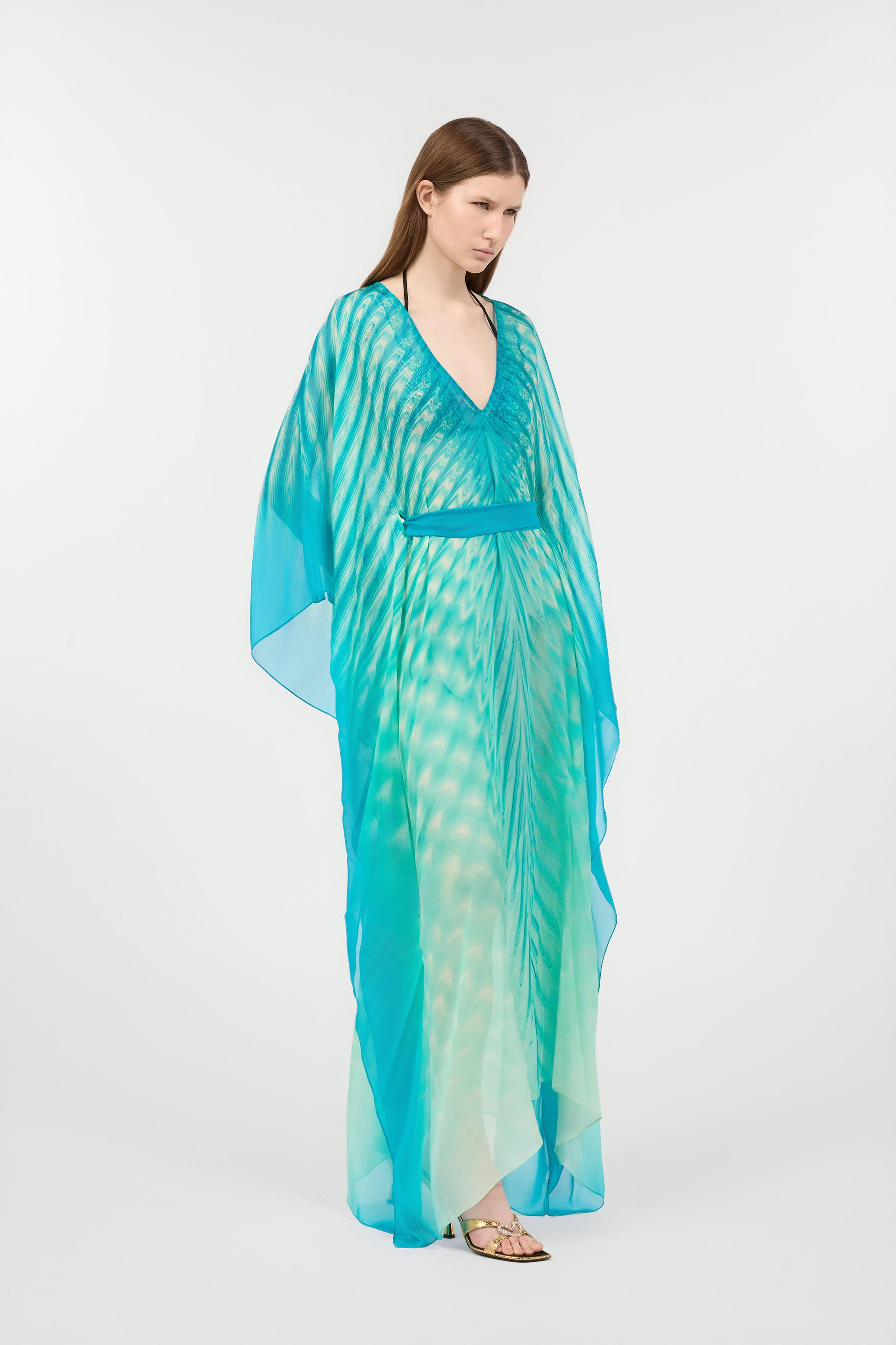 Roberto Cavalli Long Kaftan With Optical Glass Print In Light Green