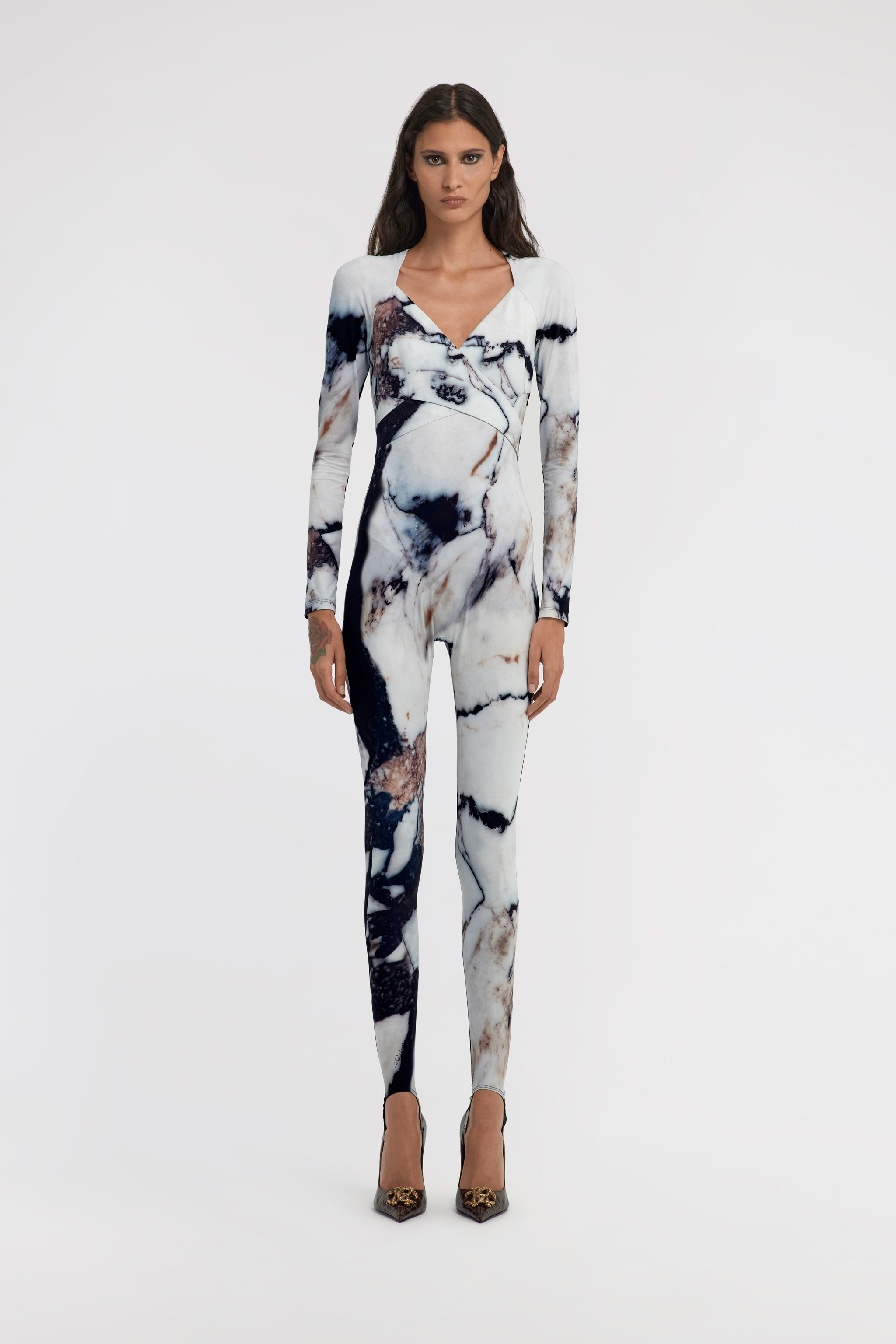 Roberto Cavalli Marble Print Jumpsuit In Black/white