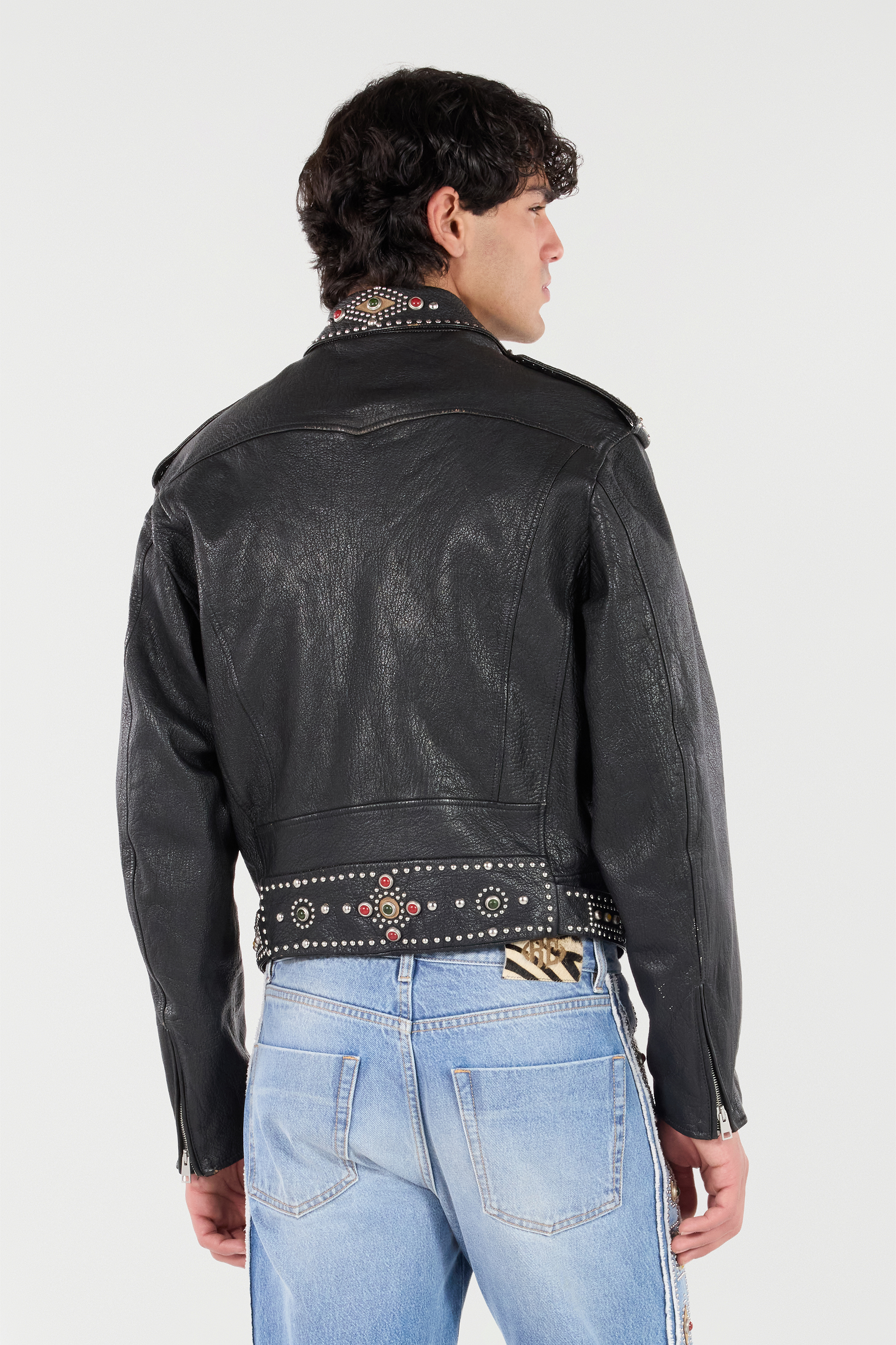 Shop Roberto Cavalli Leather Biker Jacket With Studs And Stones