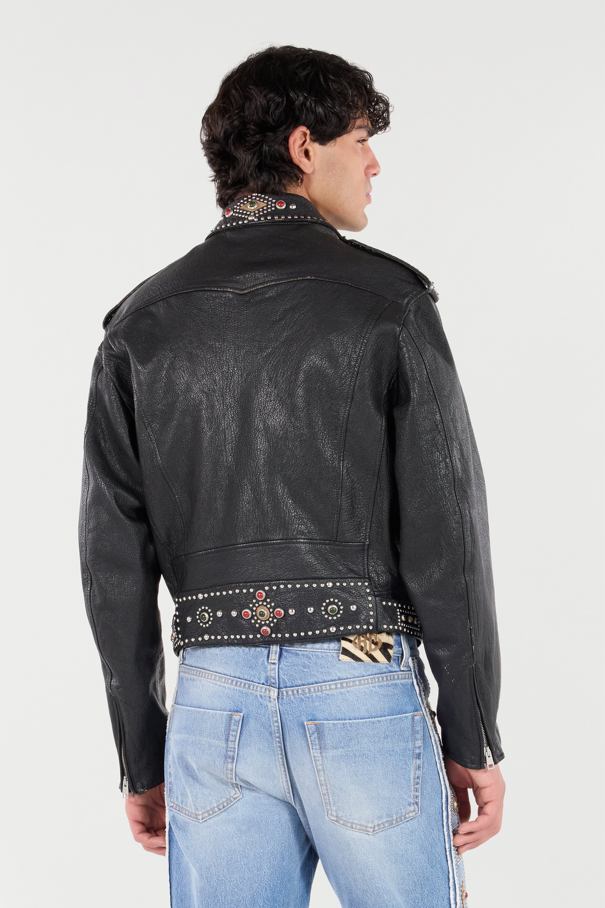 Shop Roberto Cavalli Leather Biker Jacket With Studs And Stones