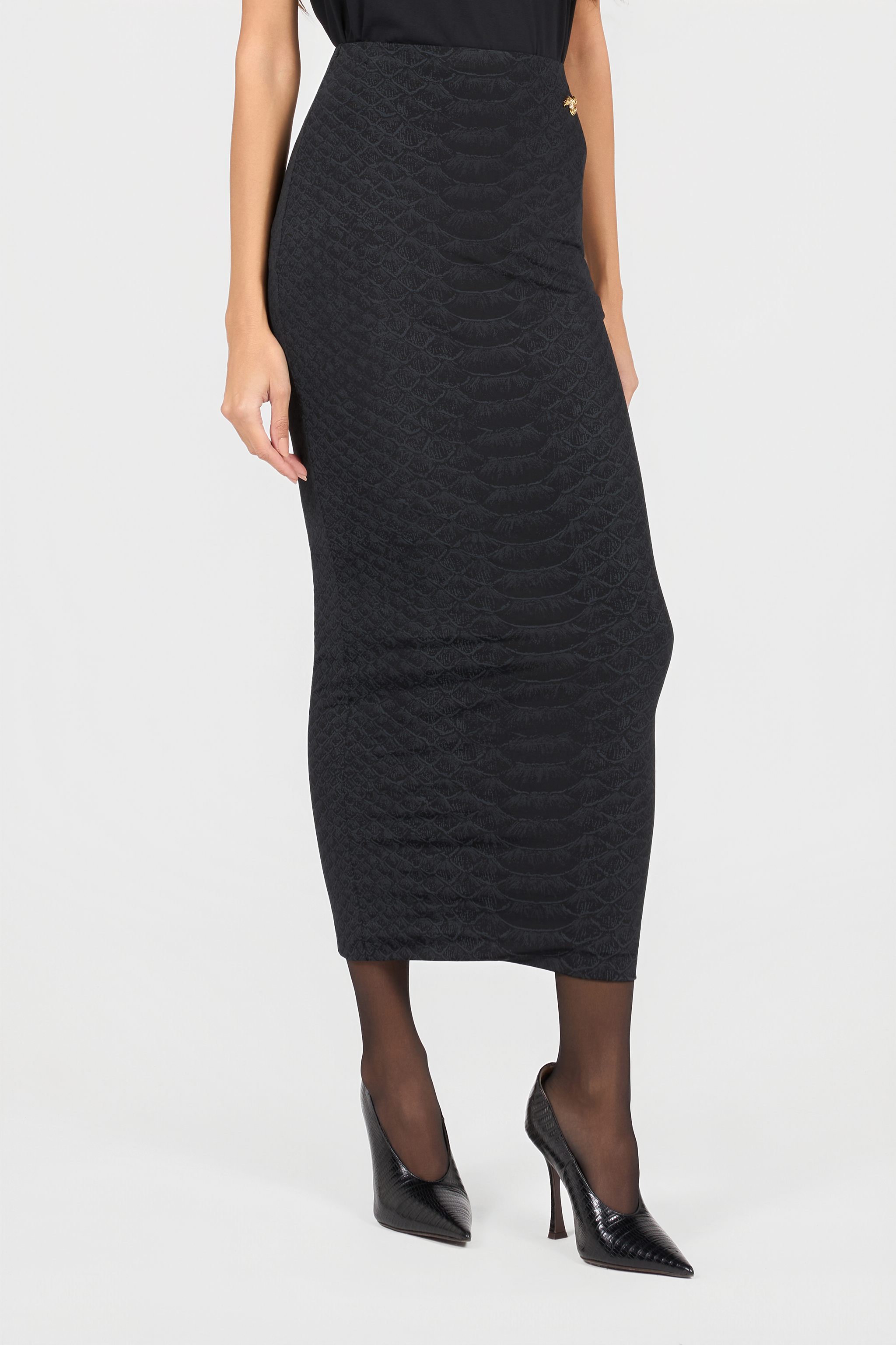 Roberto Cavalli Black Midi Skirt With Serpentine Print And Jewel Detail | Thumbnail 2