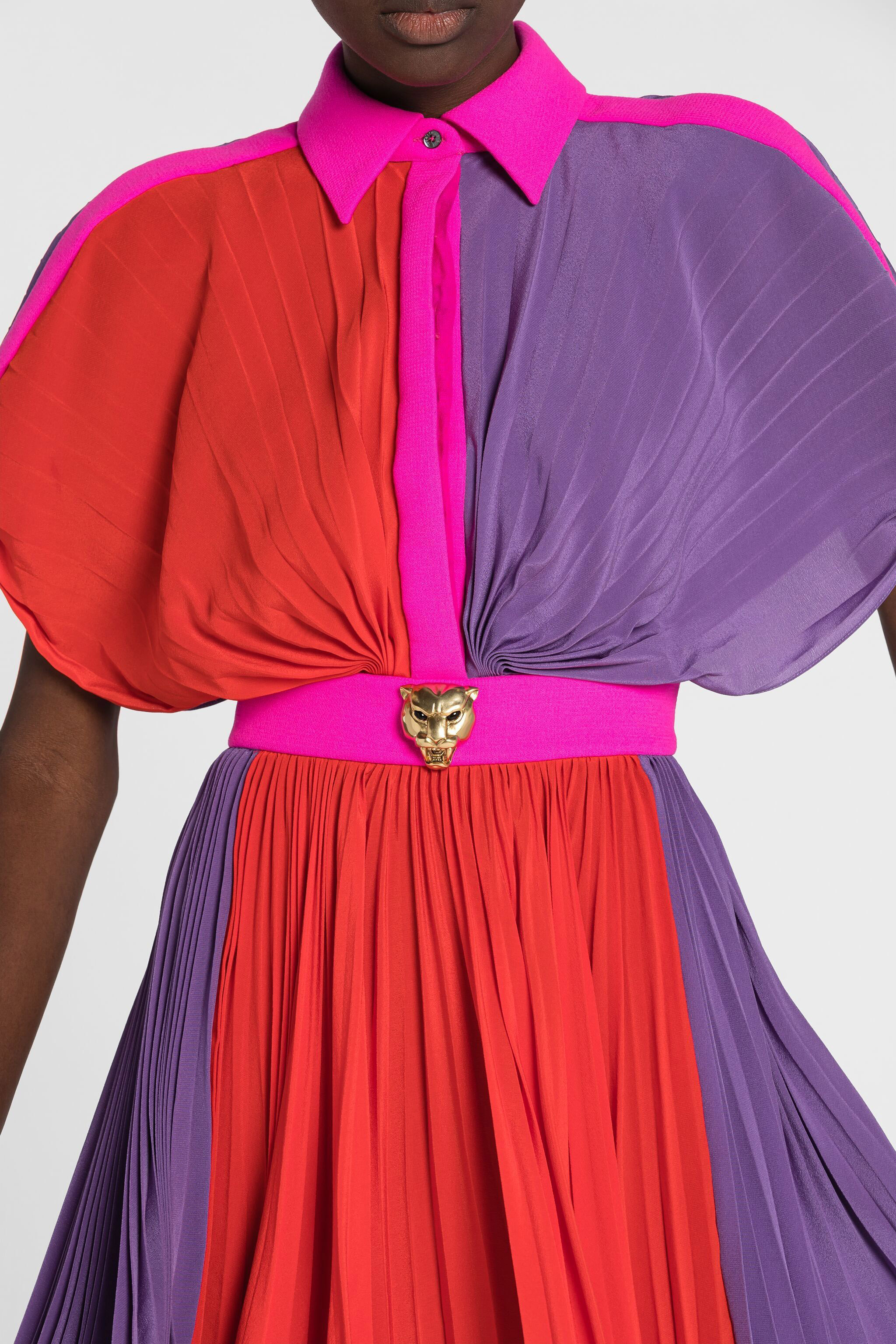 Colourblock Pleated Silk Mini Dress