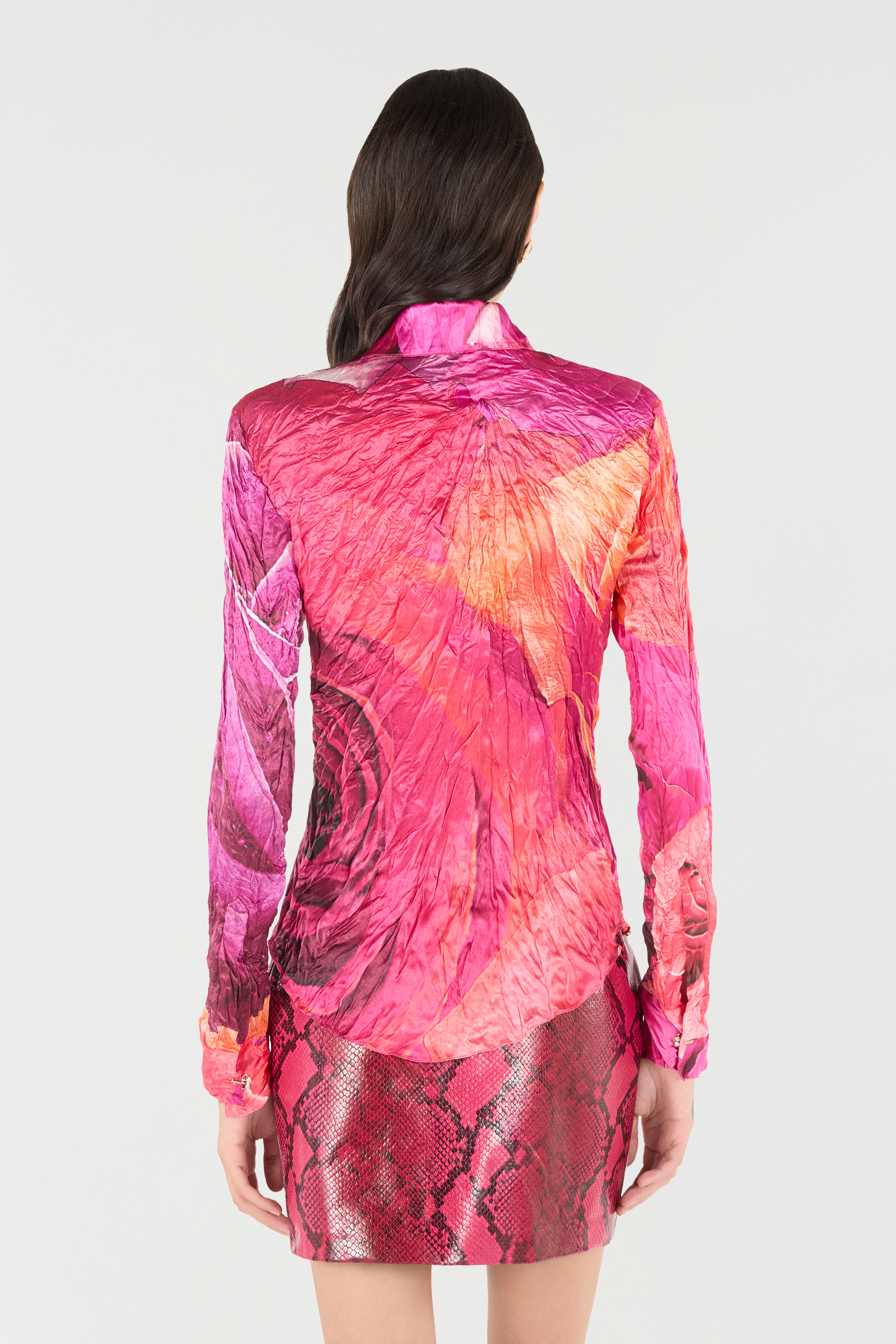 Roberto Cavalli Shirt With Bejeweled Buttons And Rose Print In Fuchsia