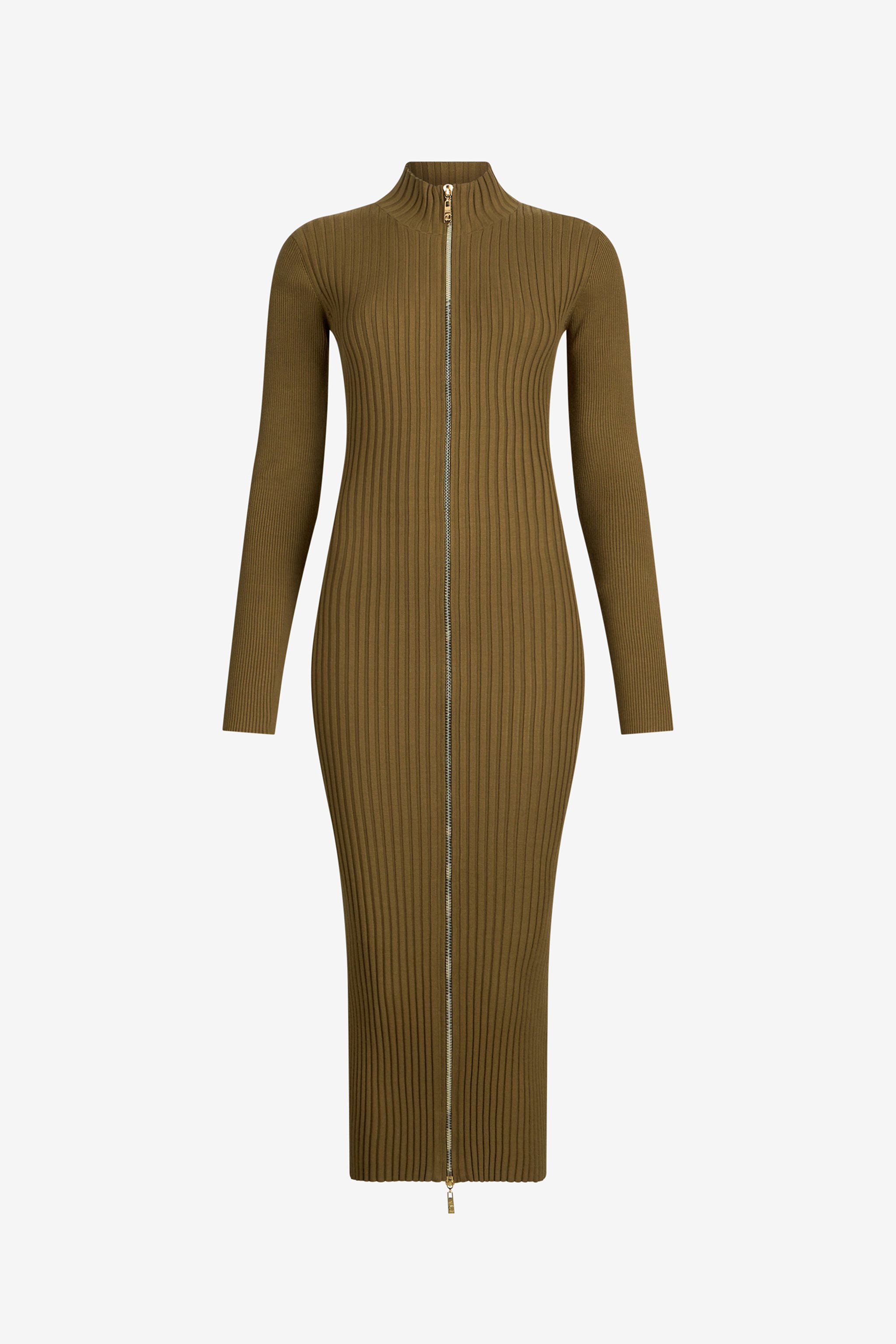 Ribbed-Knit Zip-Front Midi Dress