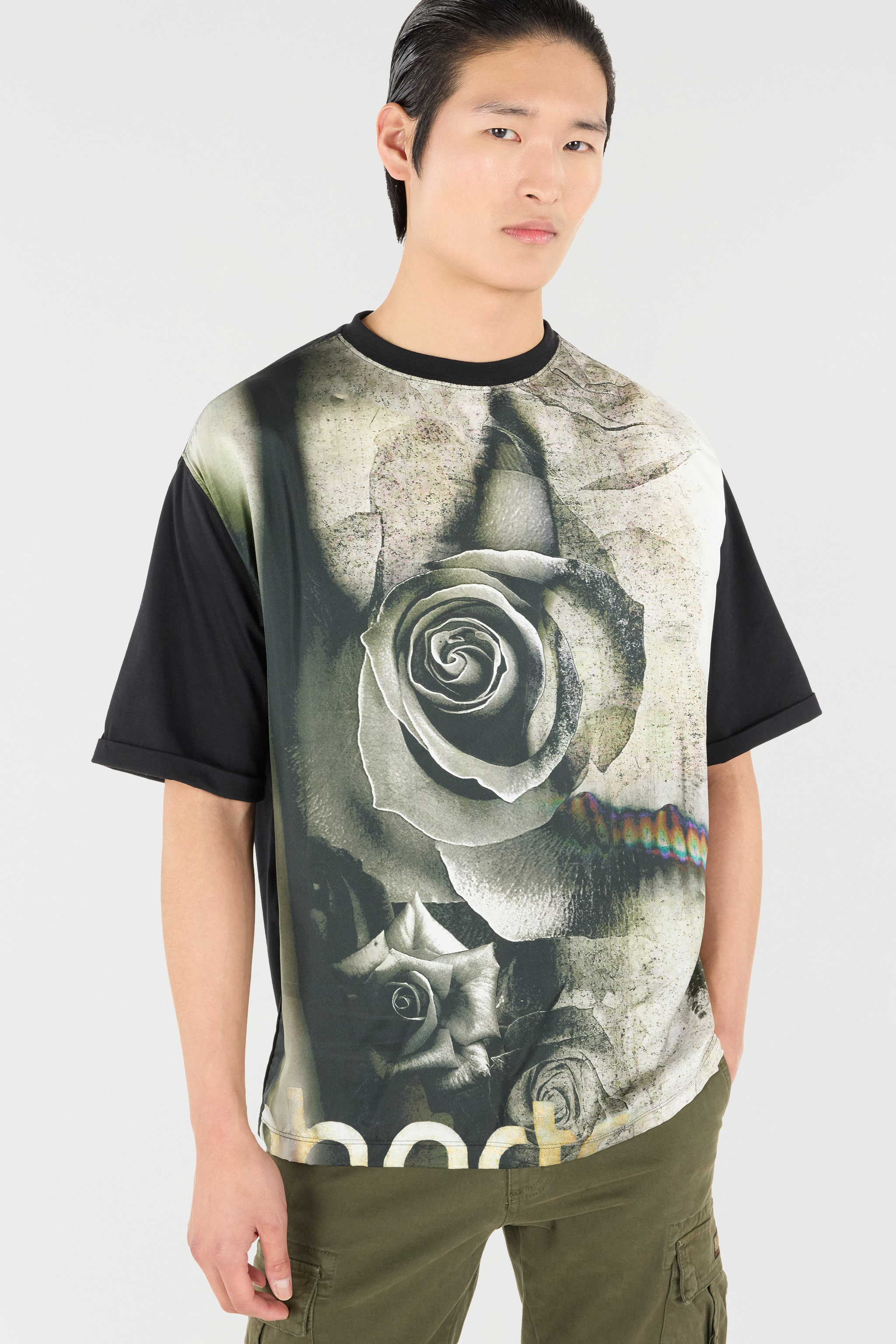 Roberto Cavalli Rose-print T-shirt In Black/white