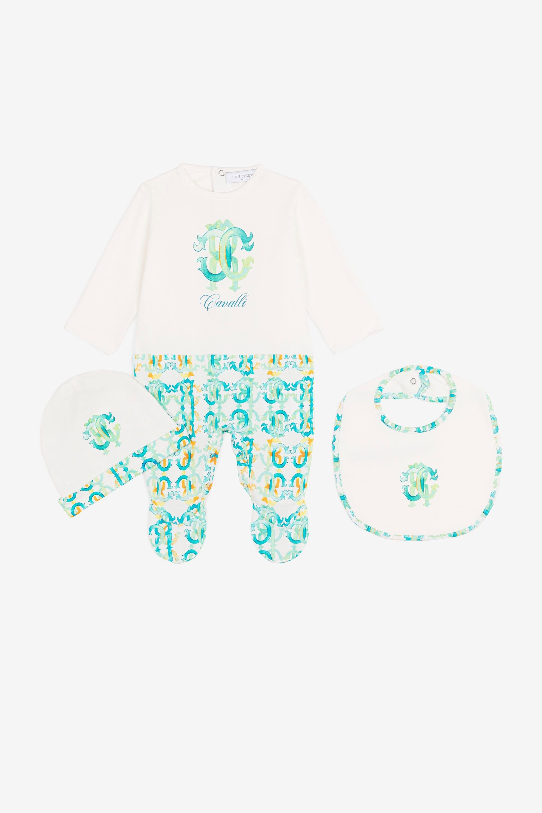 Roberto Cavalli Monogram Logo Print Babygrow Set In Light Green