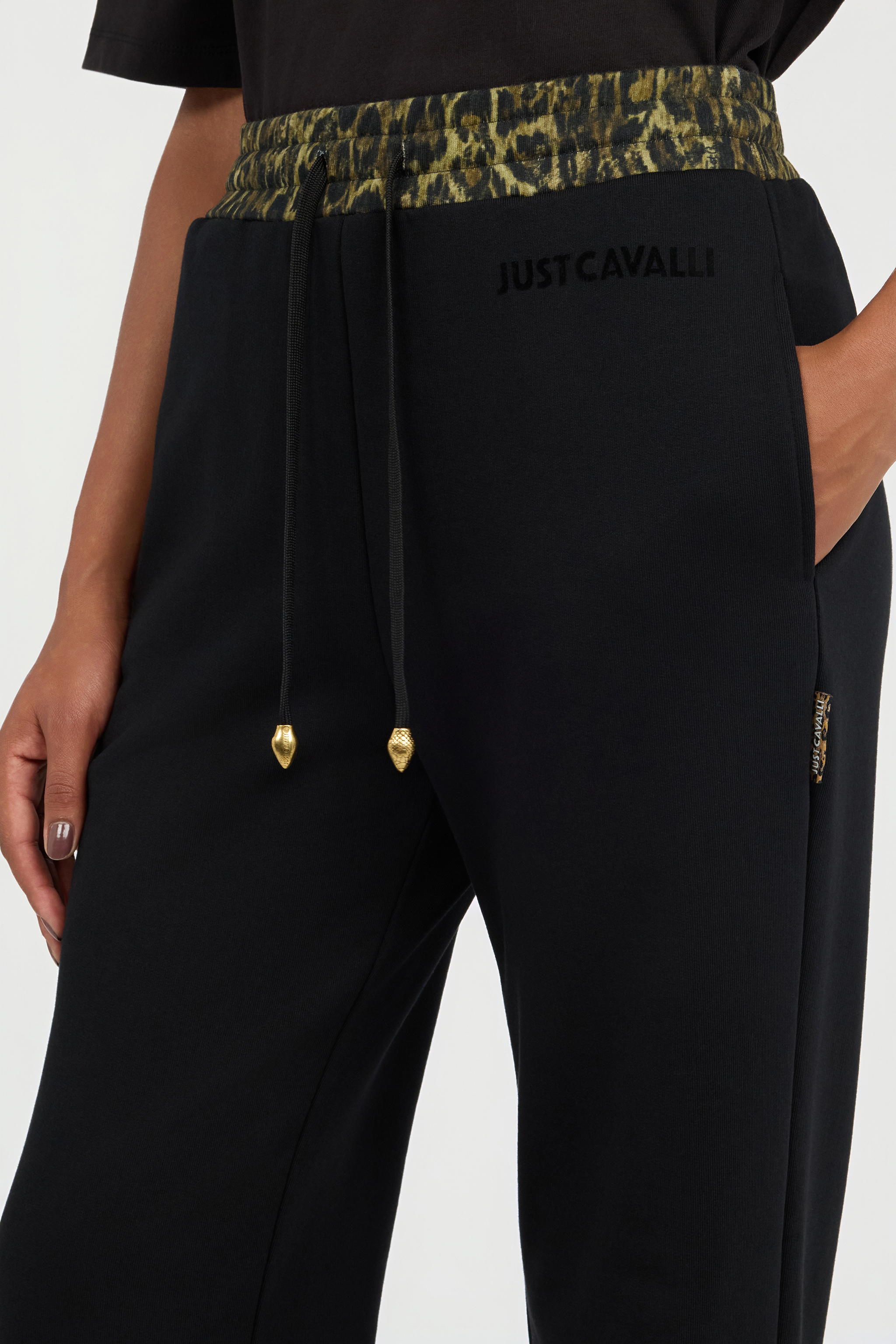 Roberto Cavalli Black Flared Trousers With Leopard Print Waistband In Brown