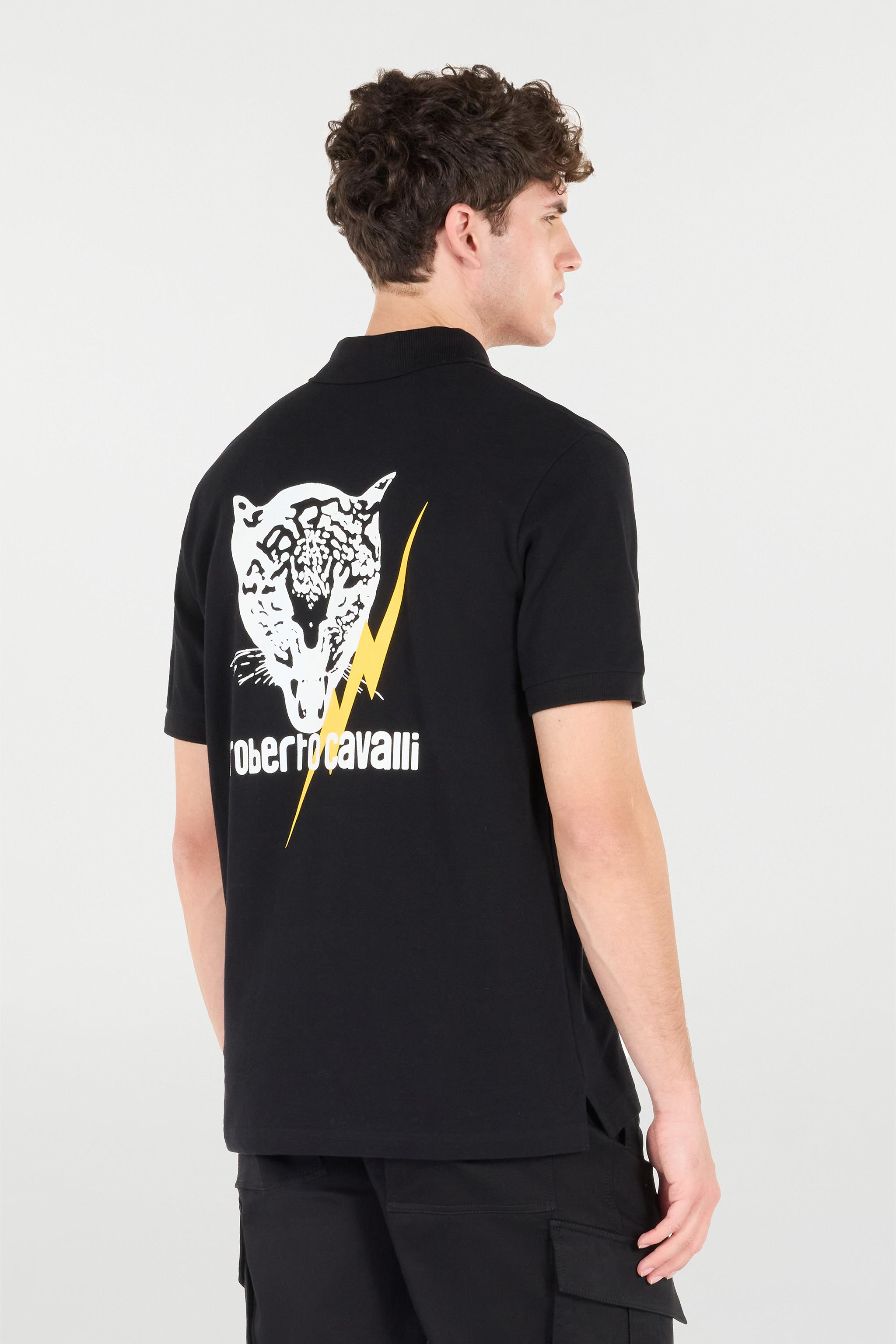 Roberto Cavalli Polo Shirt With Print And Logo In Black