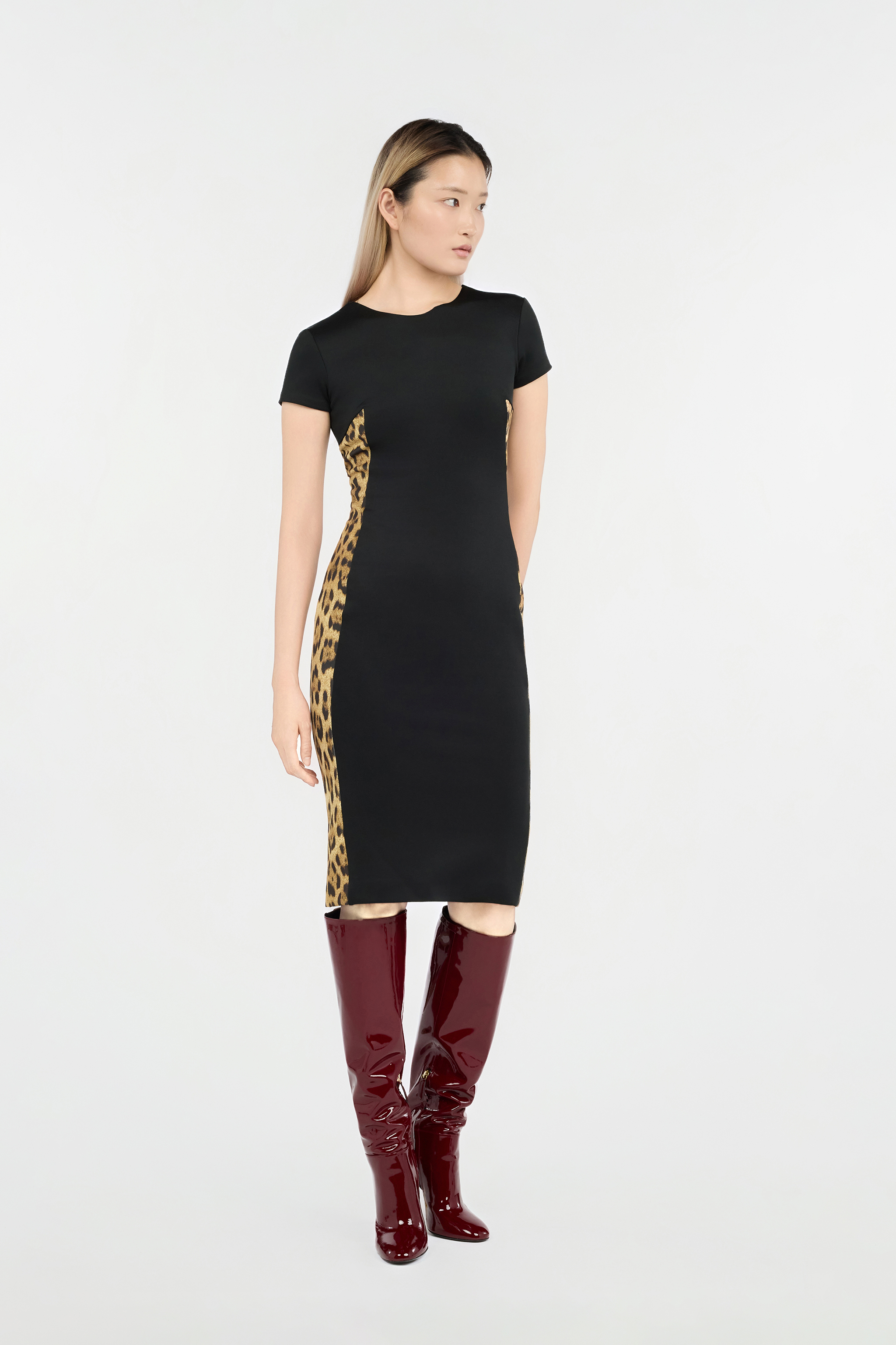 Roberto Cavalli Black Midi Dress With Leopard Print Panels In Black