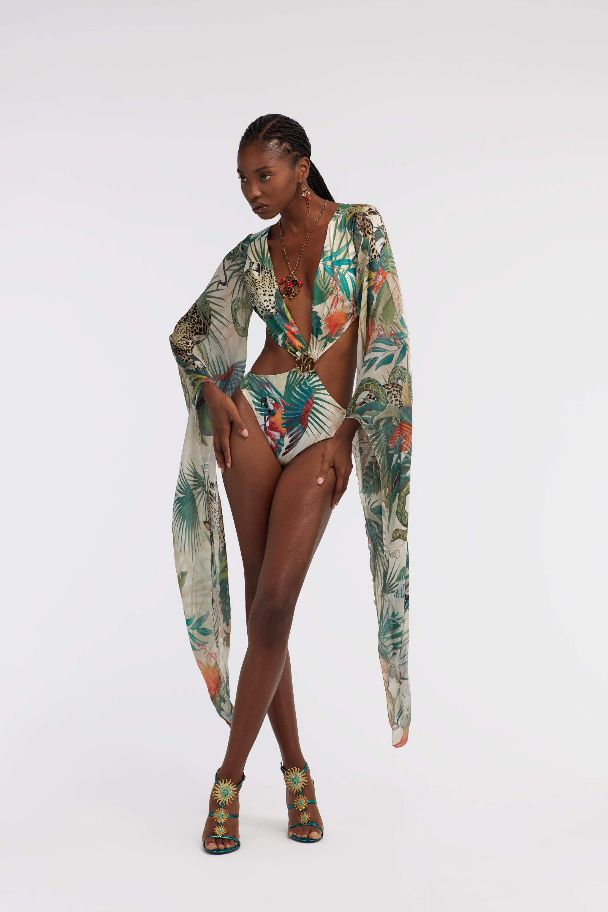 ROBERTO CAVALLI JUNGLE-PRINT BADEANZUG EINTEILER SEIDENÄRMEL
