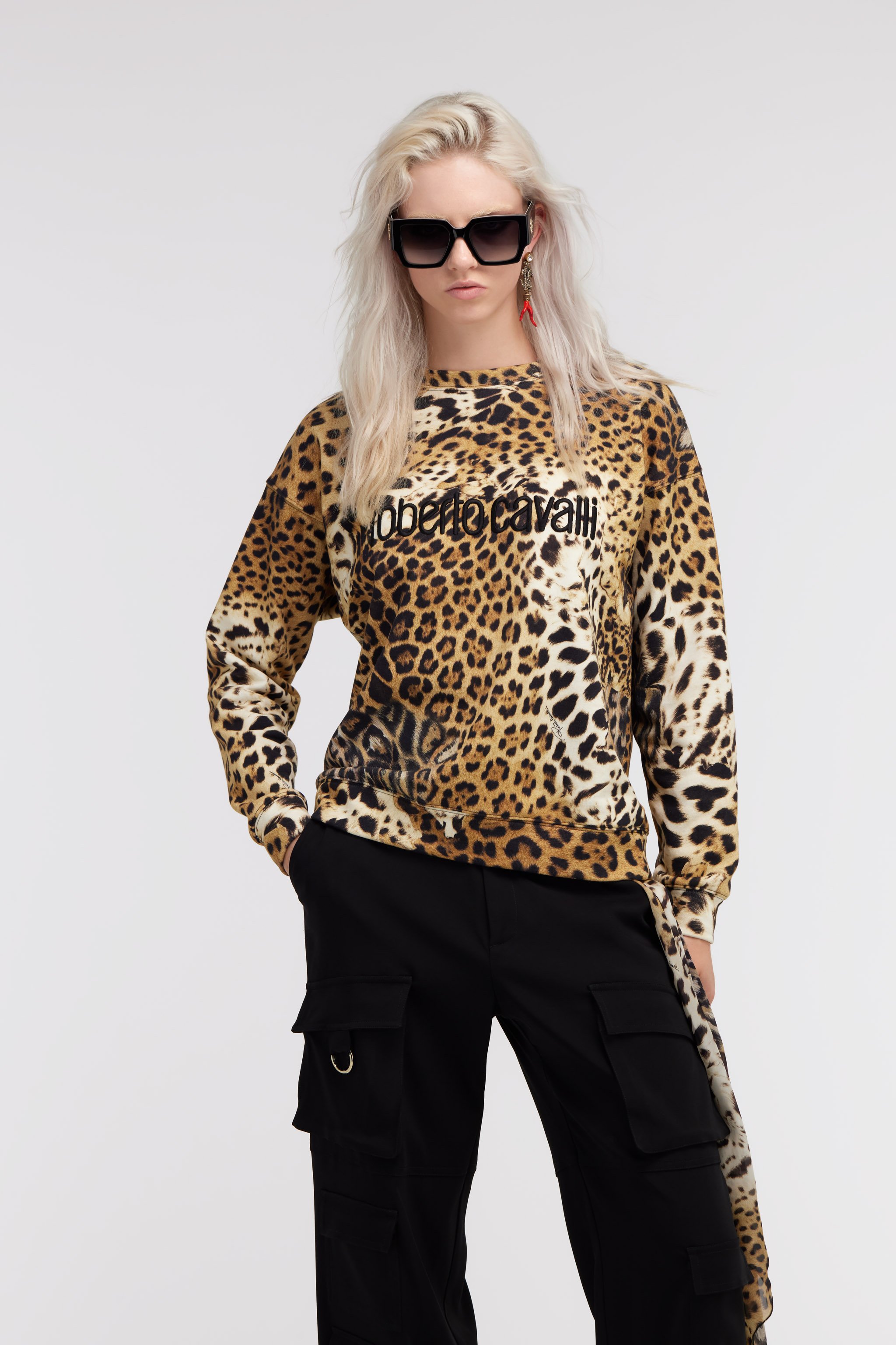 Roberto Cavalli Jaguar Skin-print Cotton Sweatshirt In Light Brown