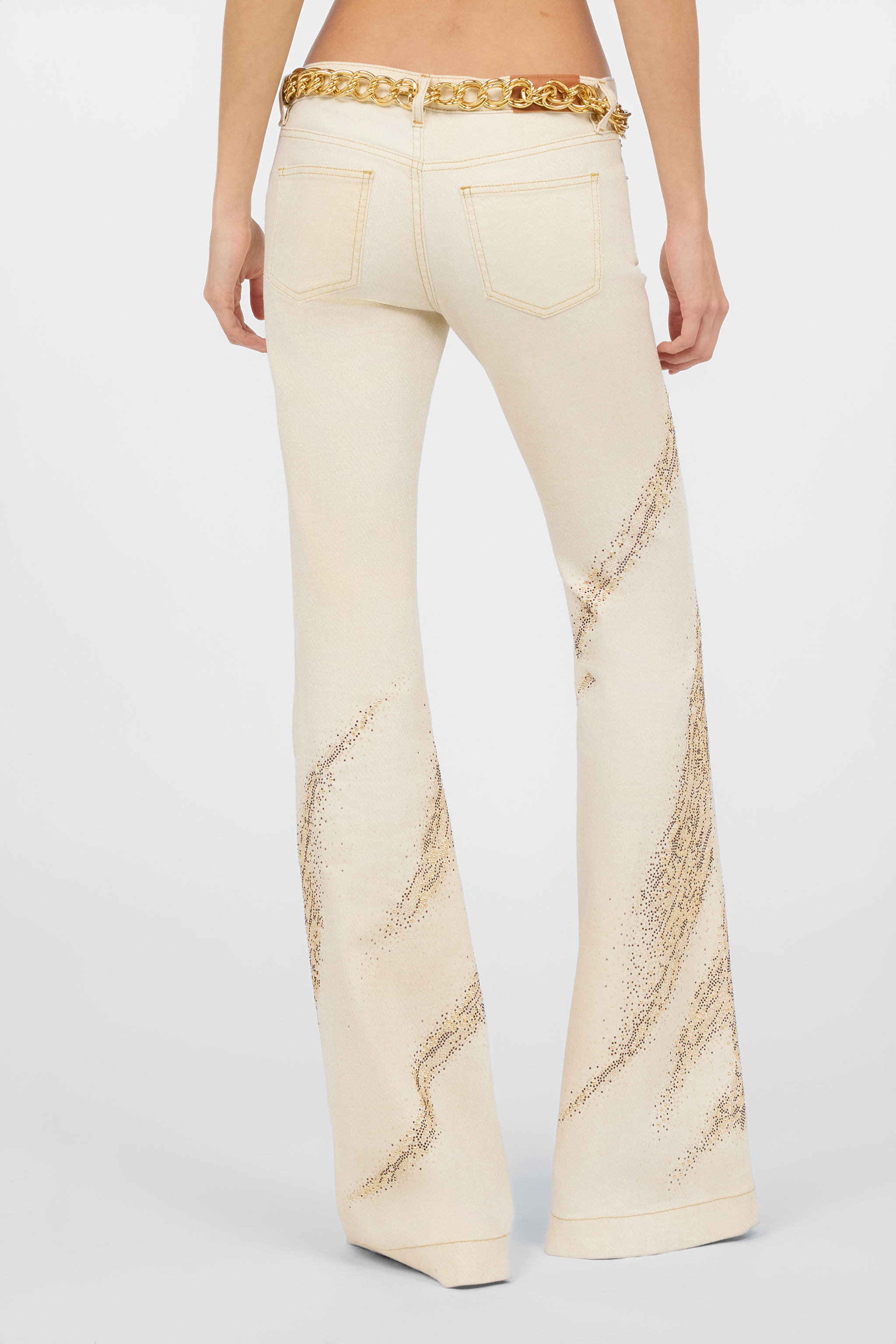  Roberto Cavalli Ivory Flared Jeans With Gold Animal-print Detailing - Female Trousers & Shorts Ivory/gold 46 