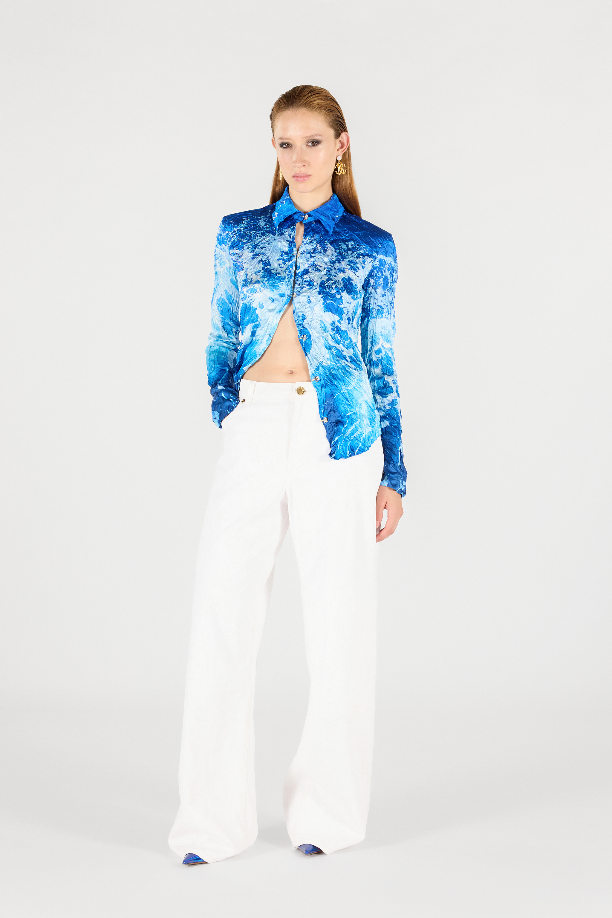 Roberto Cavalli Sicily Ocean-print Crinkle Silk Blouse In Blue