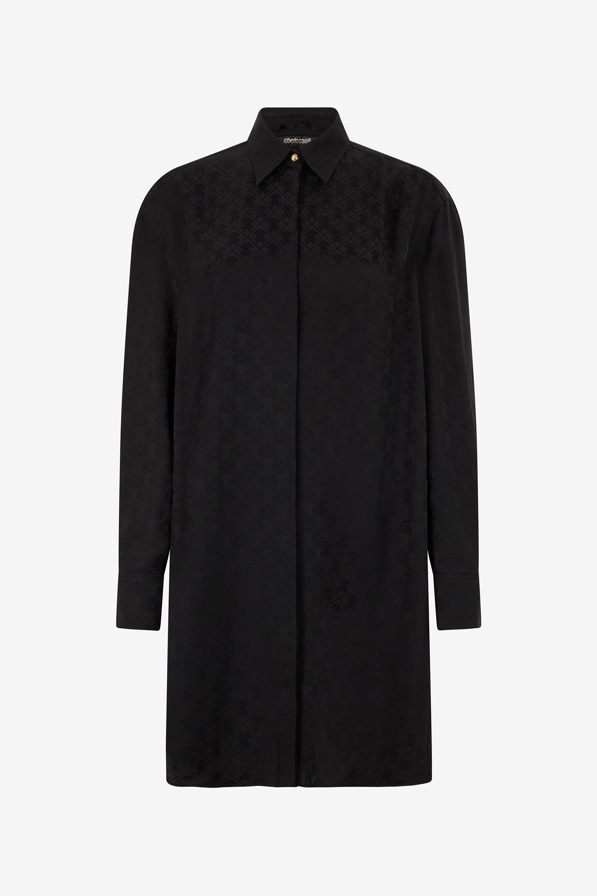 Roberto Cavalli Silk Mini Shirt Dress With Monogram Rc In Black