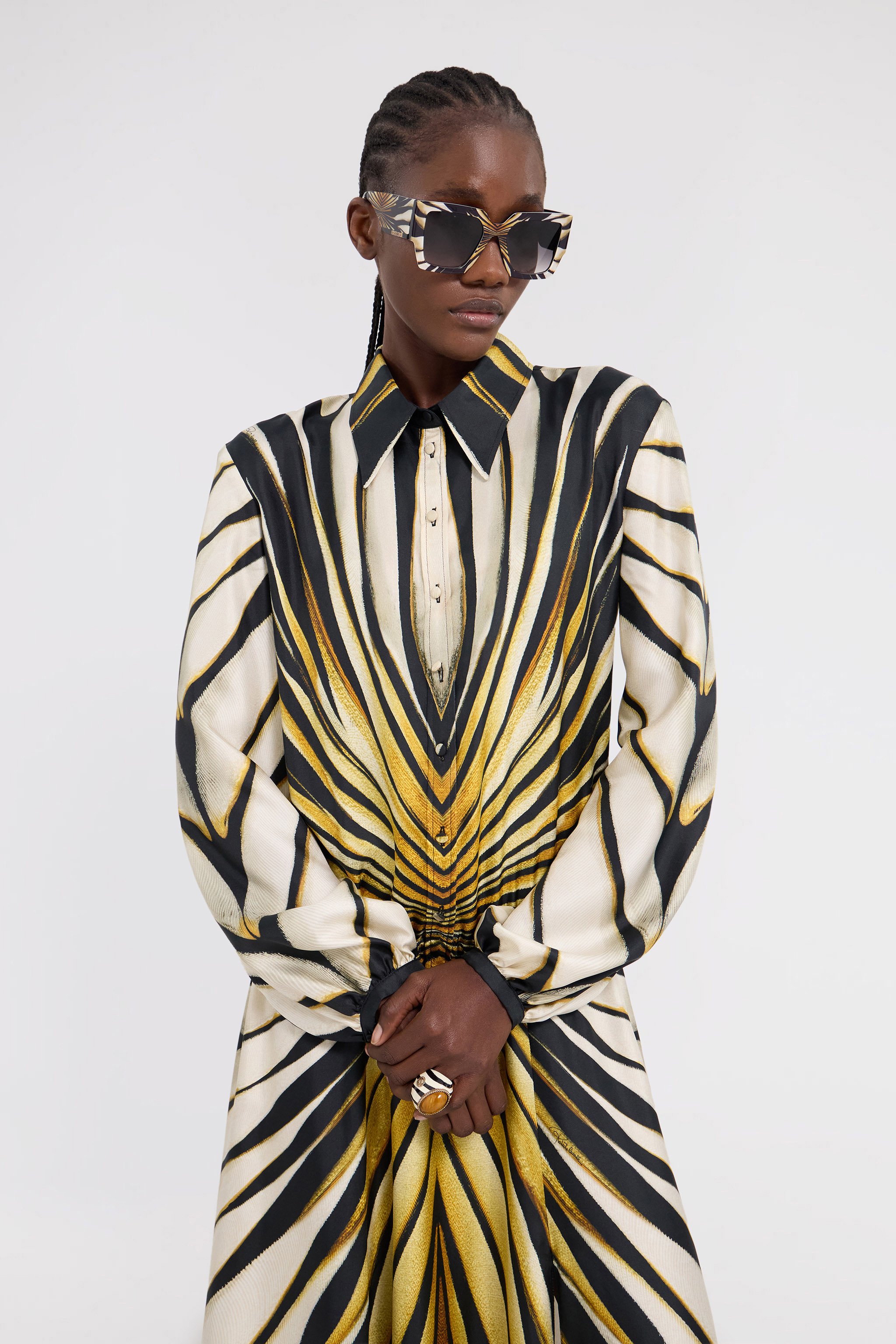 Roberto Cavalli Ray Of Gold Print Silk Shirt Dress In Gold