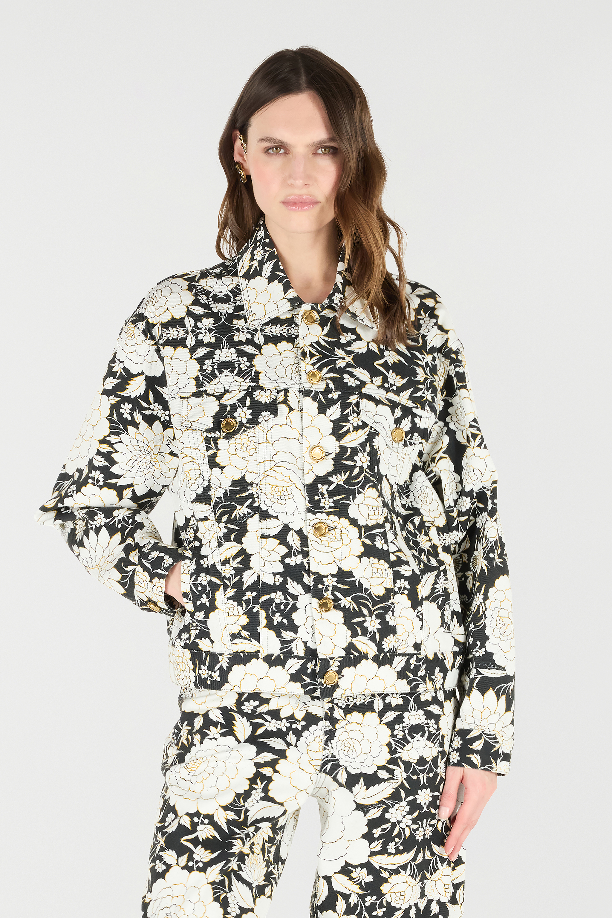 Roberto Cavalli Floral Print Denim Jacket In Multi