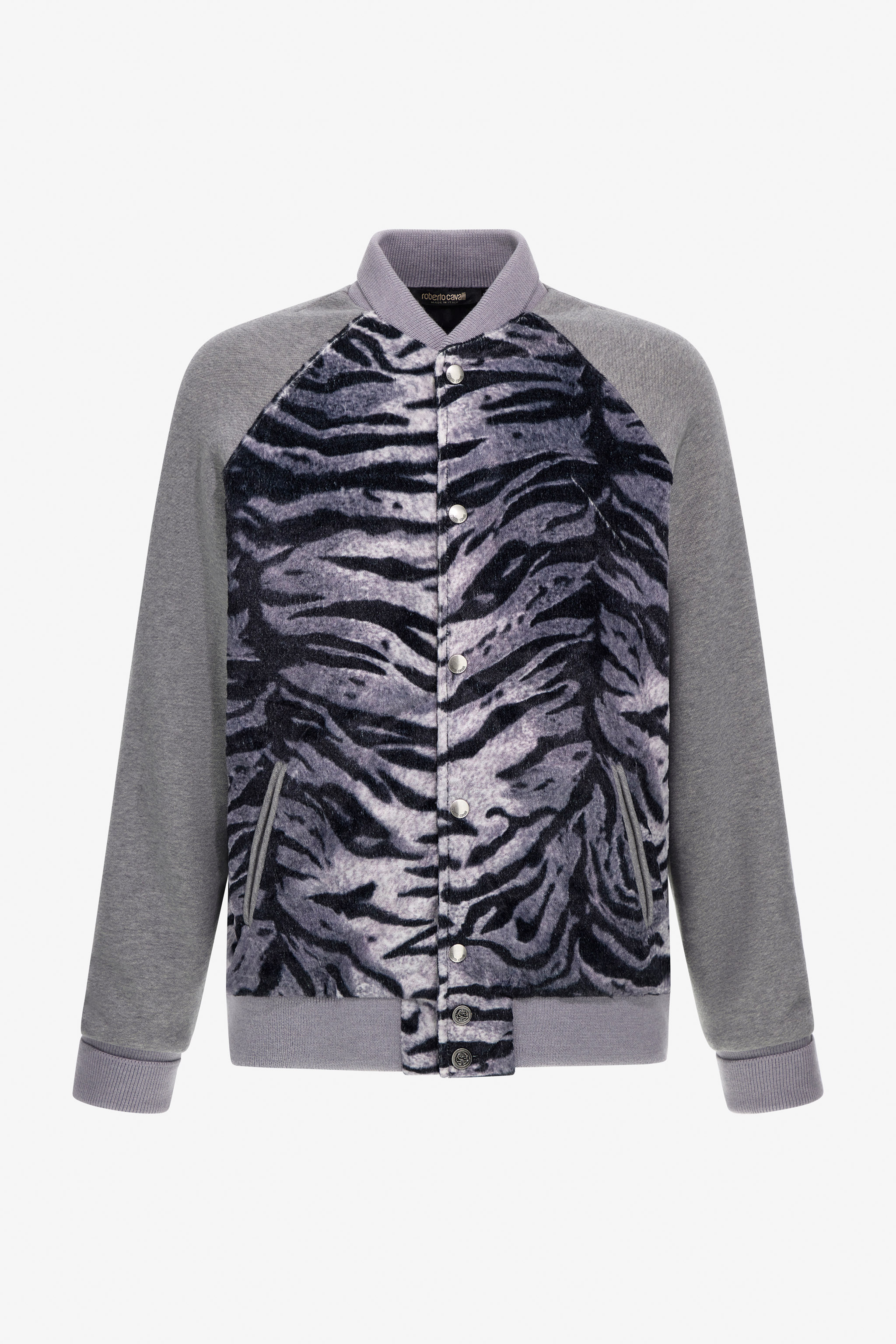 Roberto Cavalli Men's Gray Zebra Print Sweatshirt With Buttons - Ready To Wear