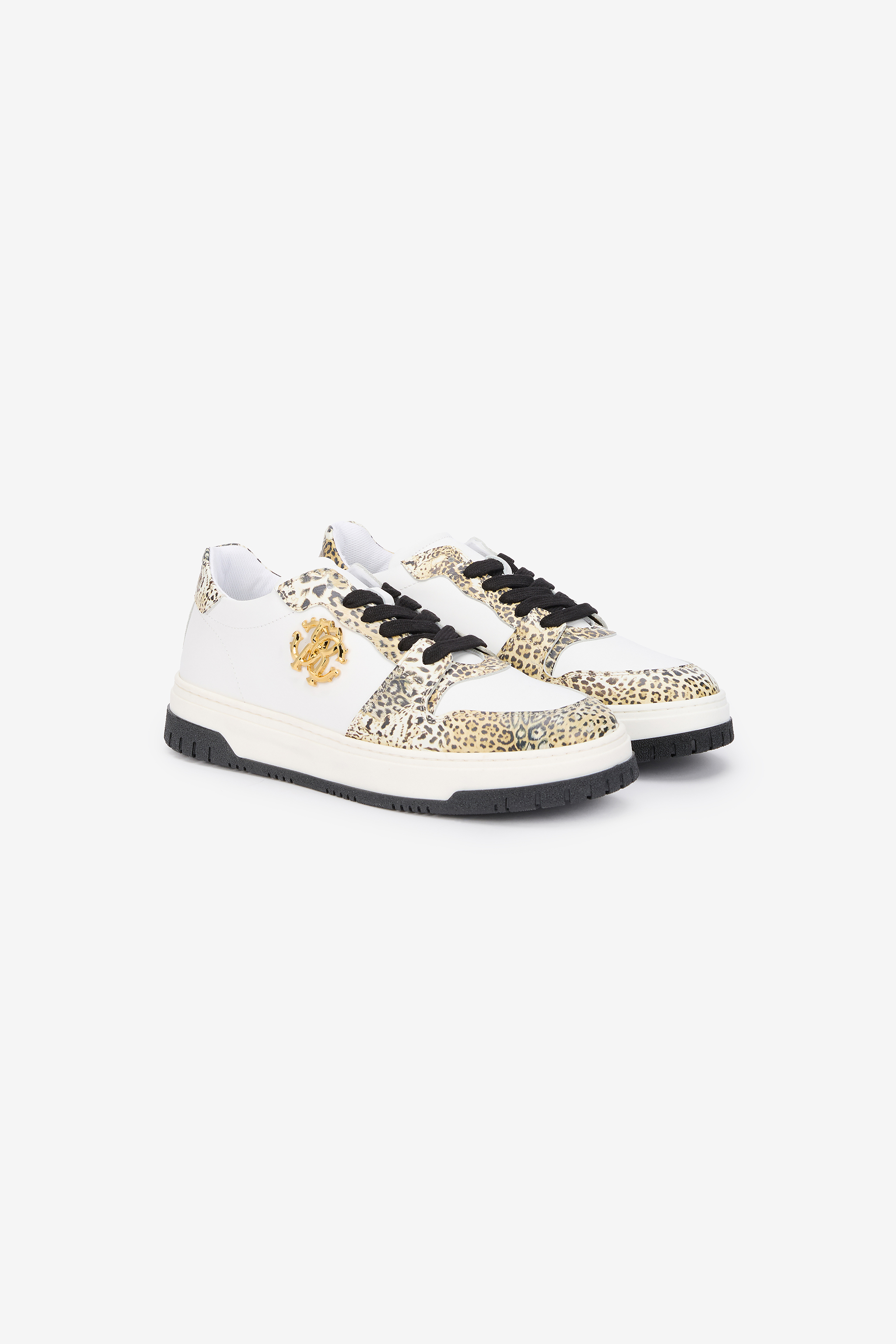 Roberto Cavalli Leopard Print Sneaker With Monogram Rc In White