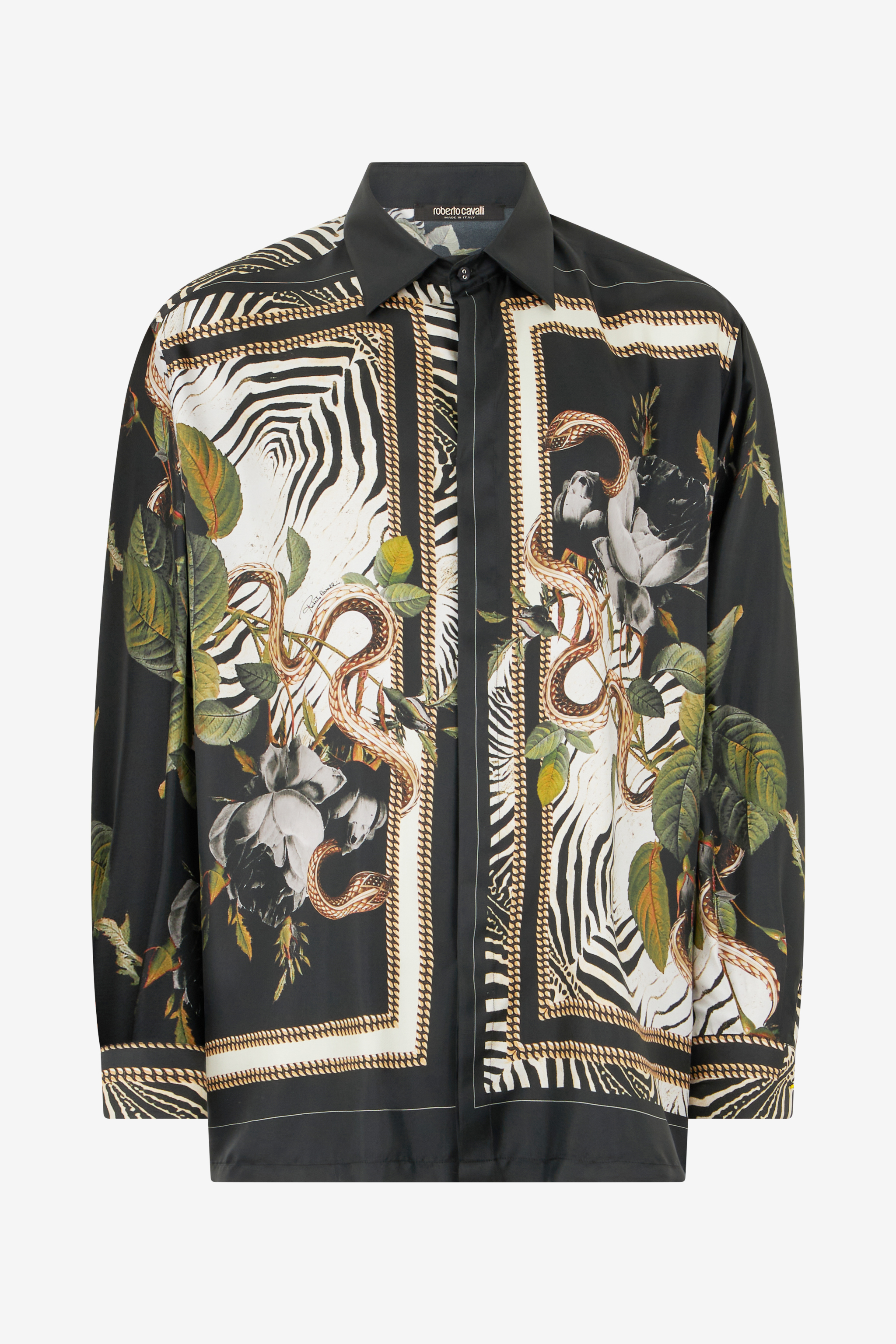 Zebra And Snake Print Silk Shirt in Black for Men | Roberto Cavalli®