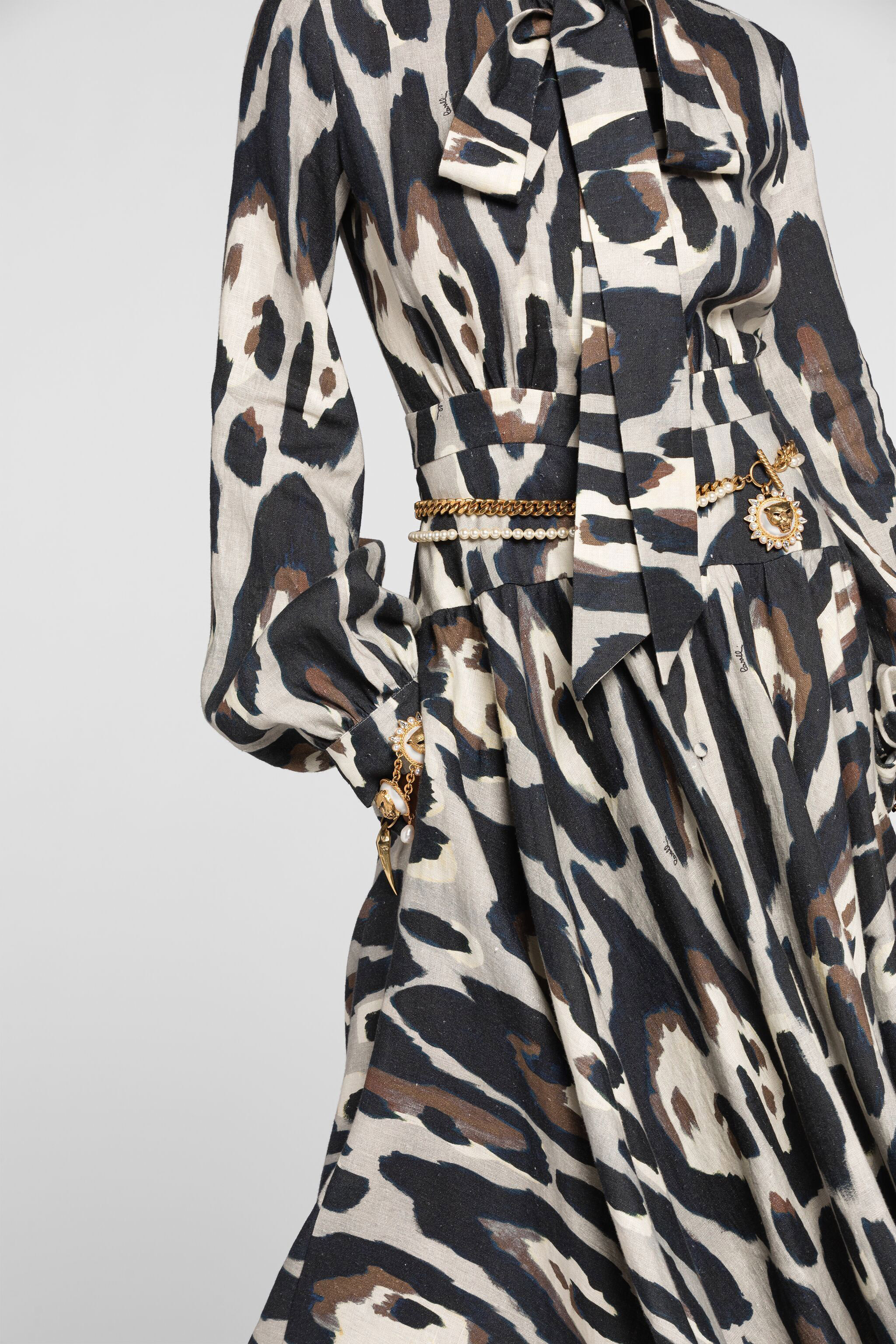 Roberto Cavalli Animal-print Linen Midi Dress In Gray