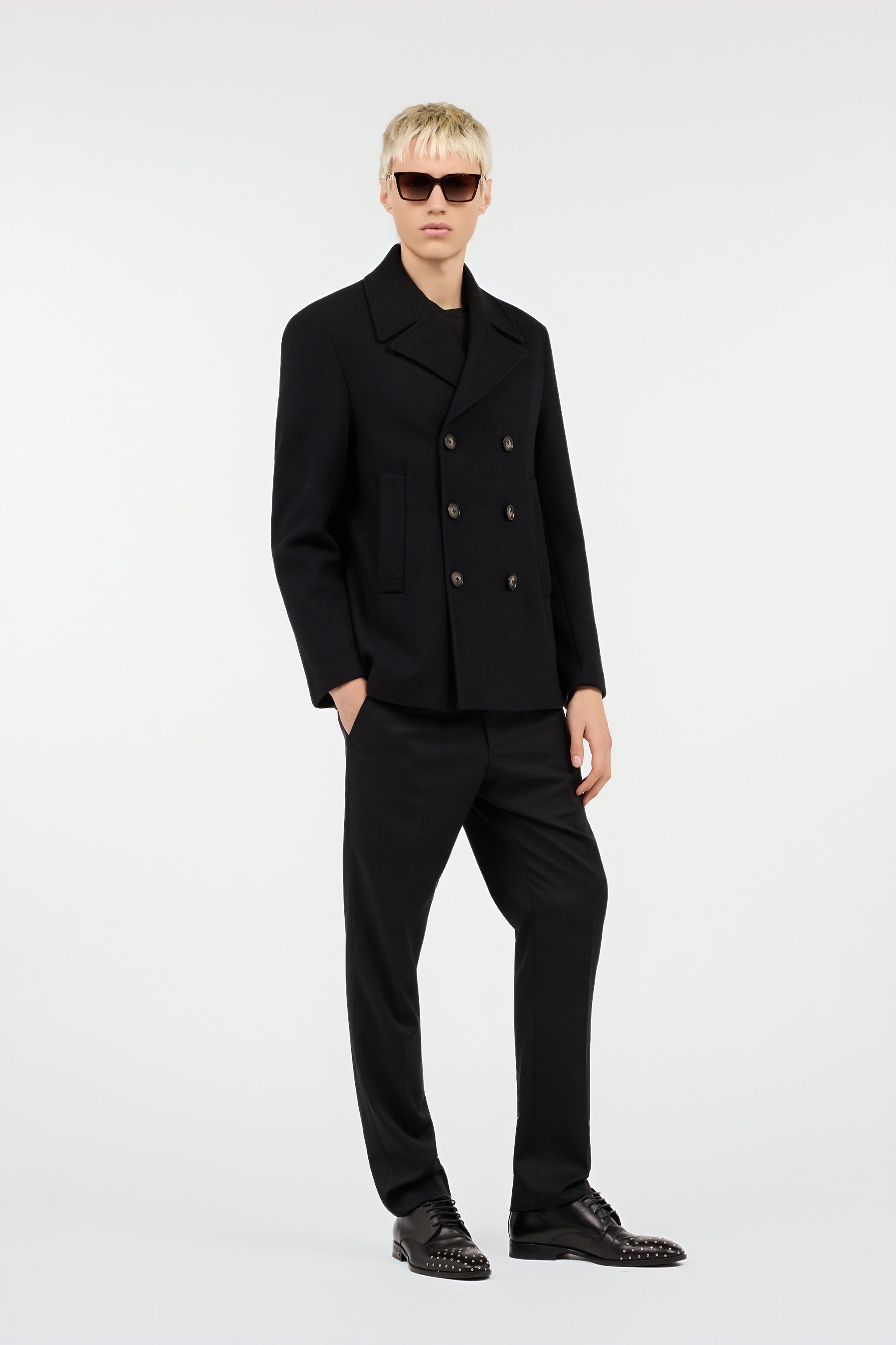 Black Wool Double-Breasted Peacoat
