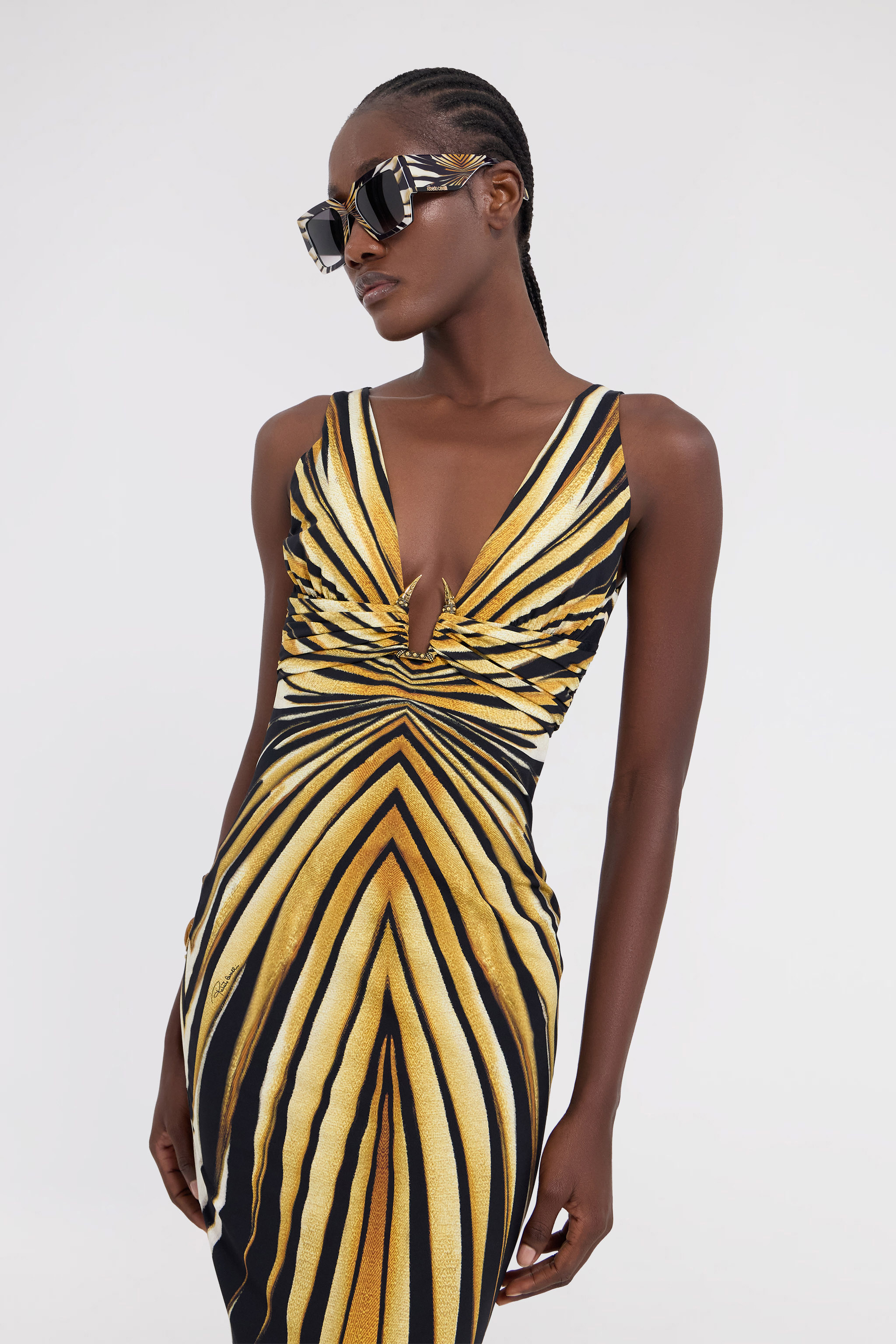 Roberto Cavalli Ray Of Gold Print Fitted Dress In Gold