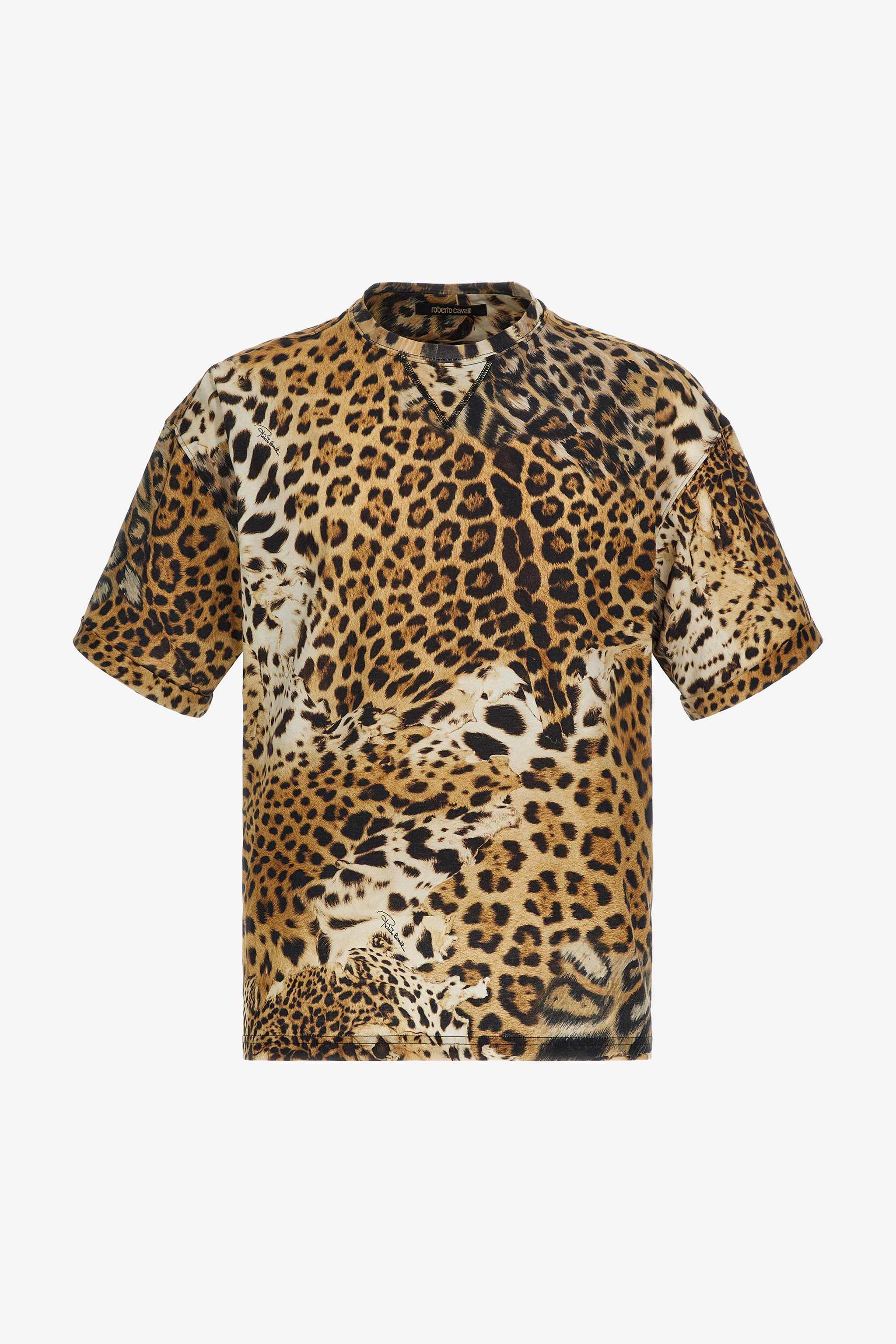 roberto cavalli 豹柄パワーネット 半袖カットソー ラインストーン T-shirt with Jaguar Skin print in Light Brown for Men | Roberto
