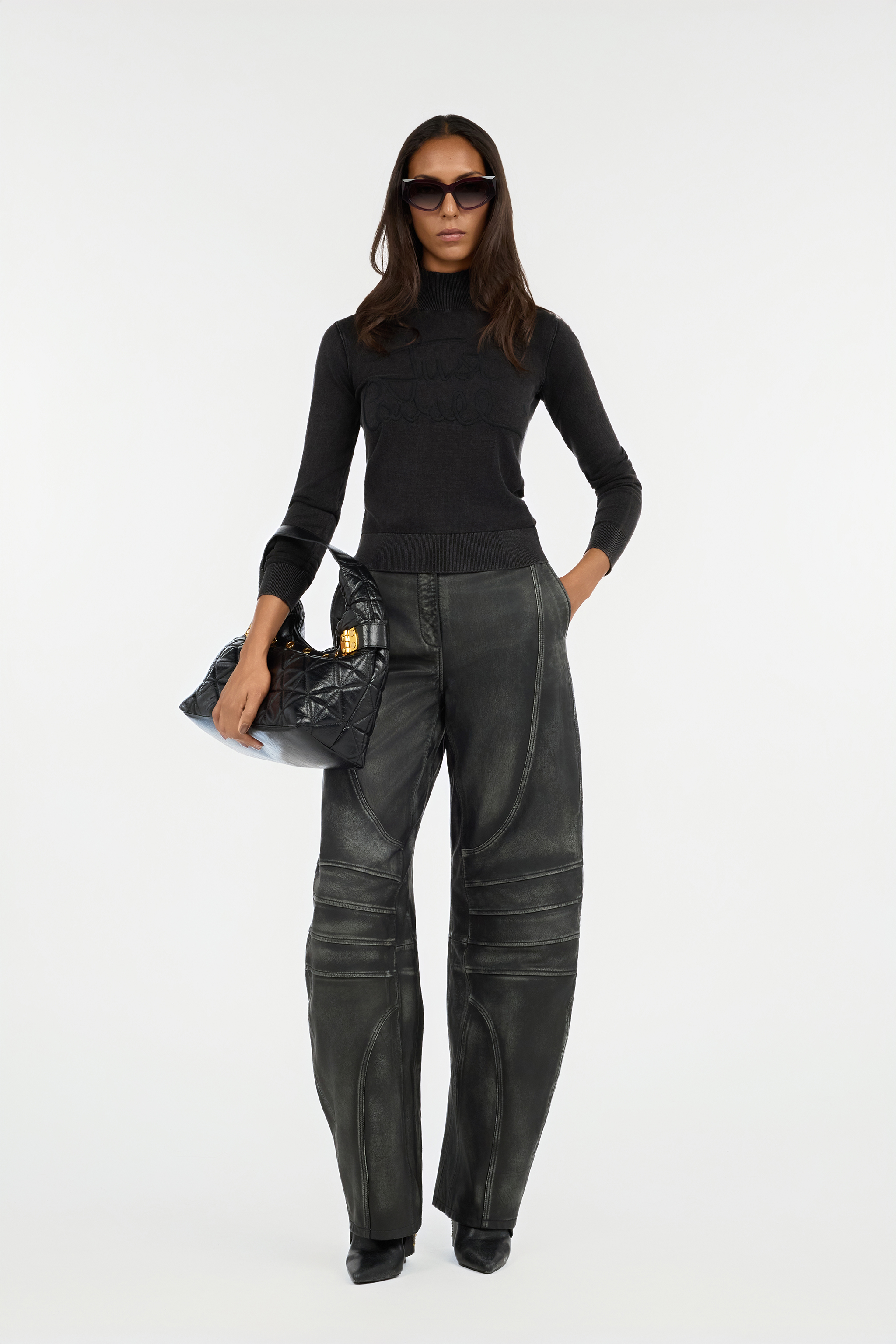 Roberto Cavalli Black Turtleneck Sweater With Embossed Logo In Black