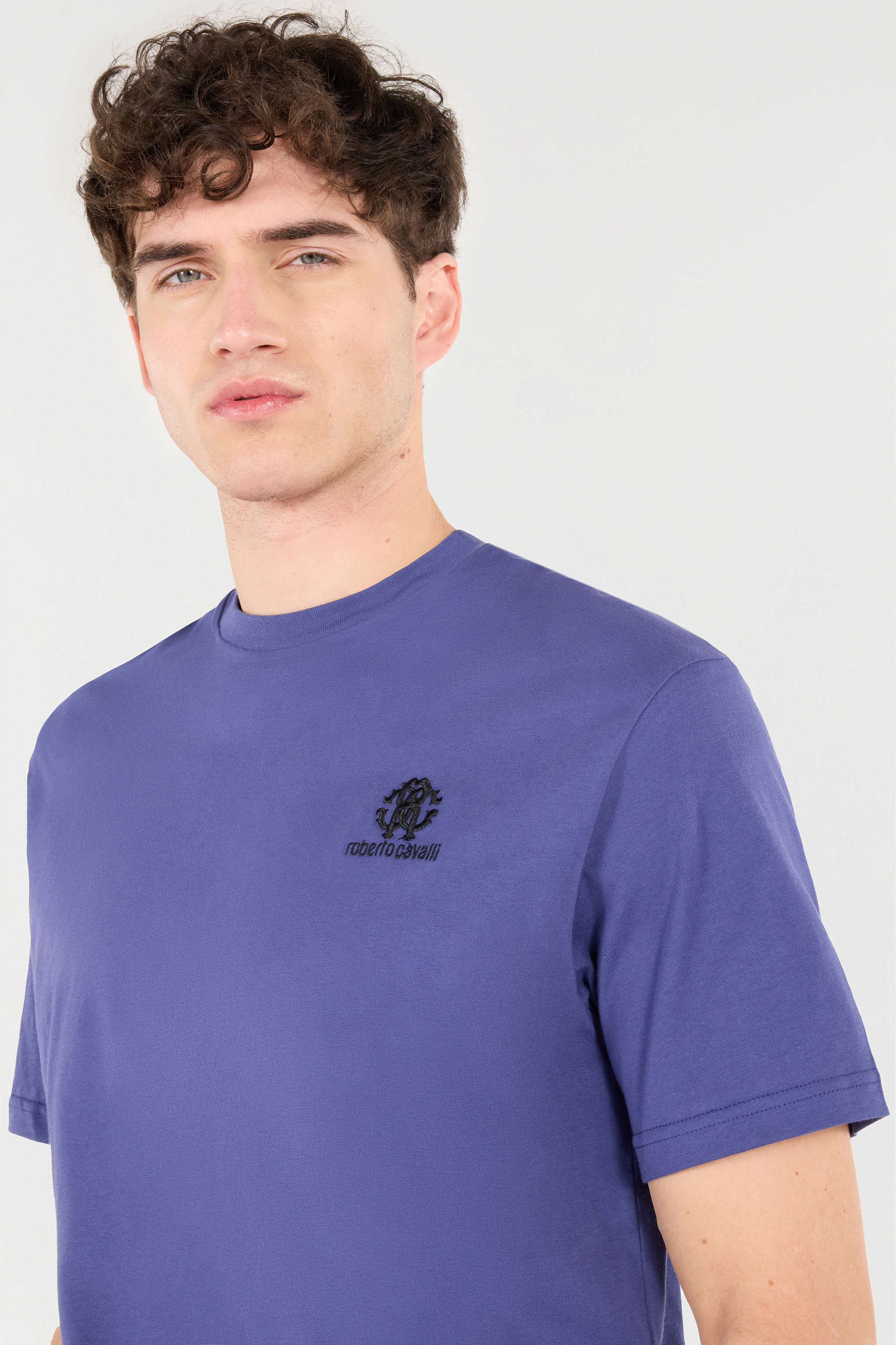 Roberto Cavalli T-shirt With Monogram Rc Embroidery And Logo In Navy